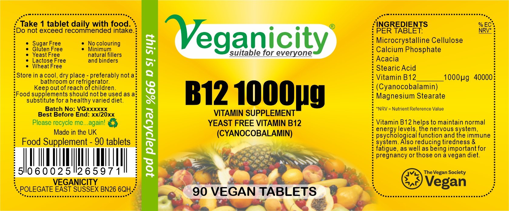 Veganicity B12 1000µg 90 tablets full product label Ingredients Directions Batch Number Best Before Barcode