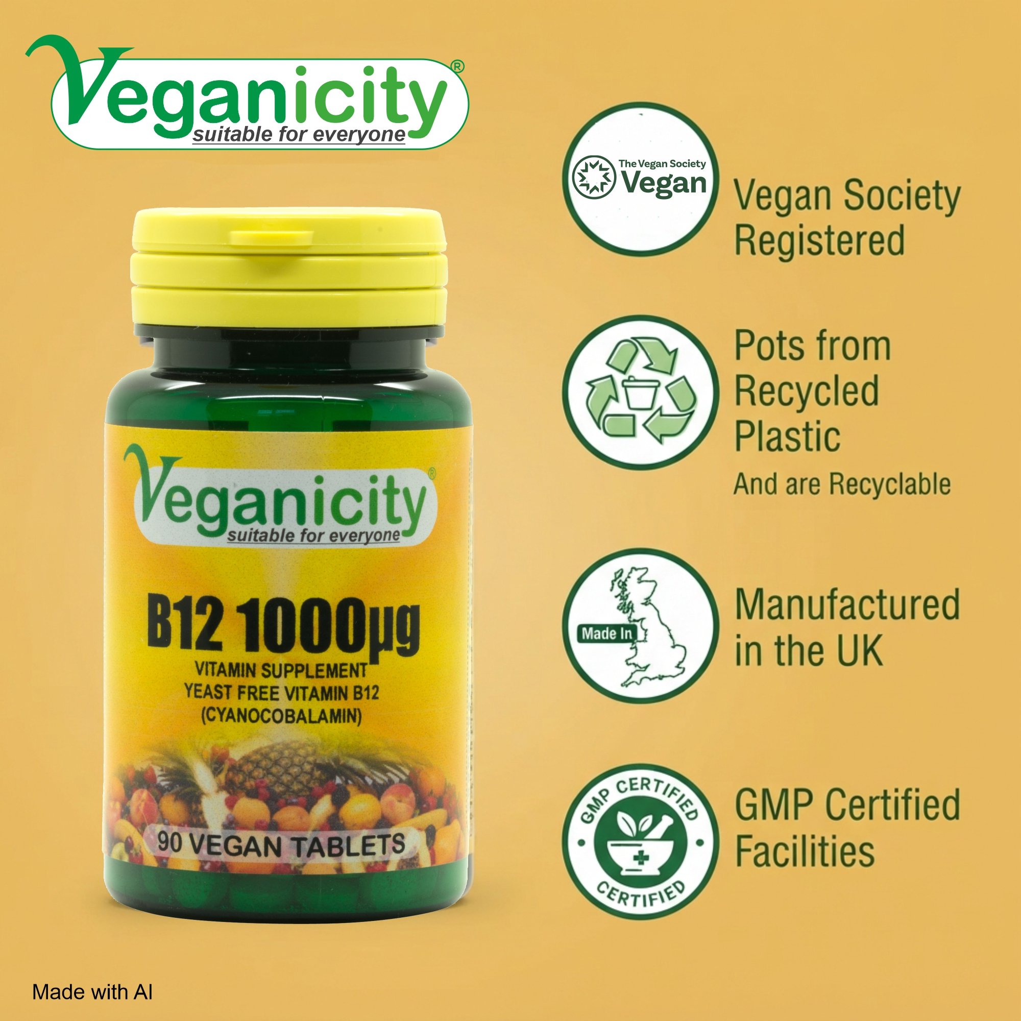 Veganicity Vegan B12 1000µg Vegan Society Registered 99% recycled po GMP manufactured in the UK