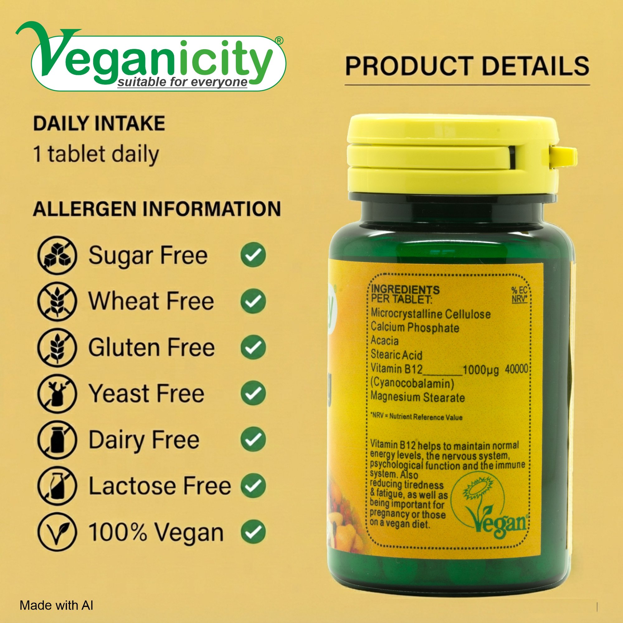 Veganicity Vegan B12 1000µg Ingredients and Nutritional Label - UK Manufactured Free from sugar wheat gluten yeast dairy & lactose