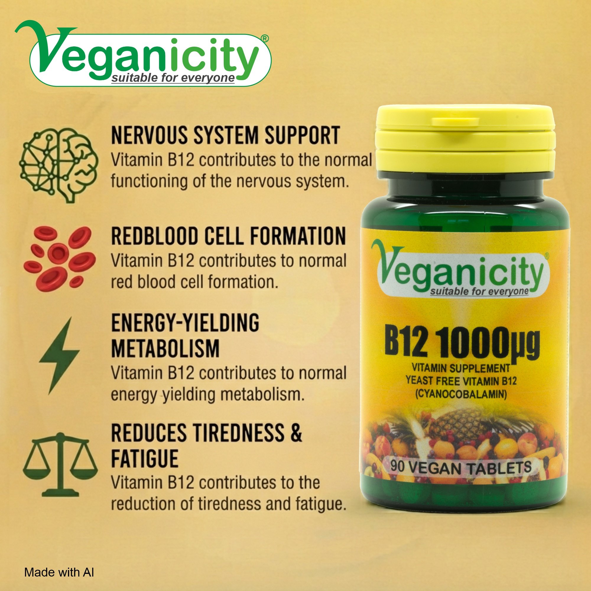 Veganicity Vegan Vitamin B12 1000µg Nervous System Support Red Blood Cell Formation Energy Reduced Tiredness