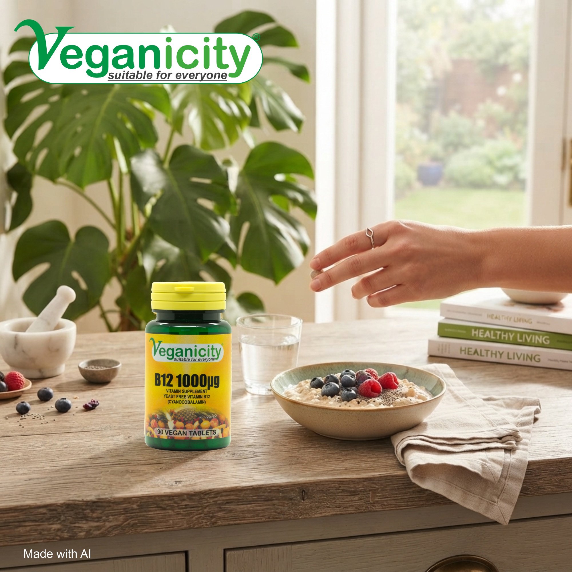 Veganicity Vegan B12 1000µg 90 tablets pot sitting on a sideboard with a hand holding a tablet ready to be taken