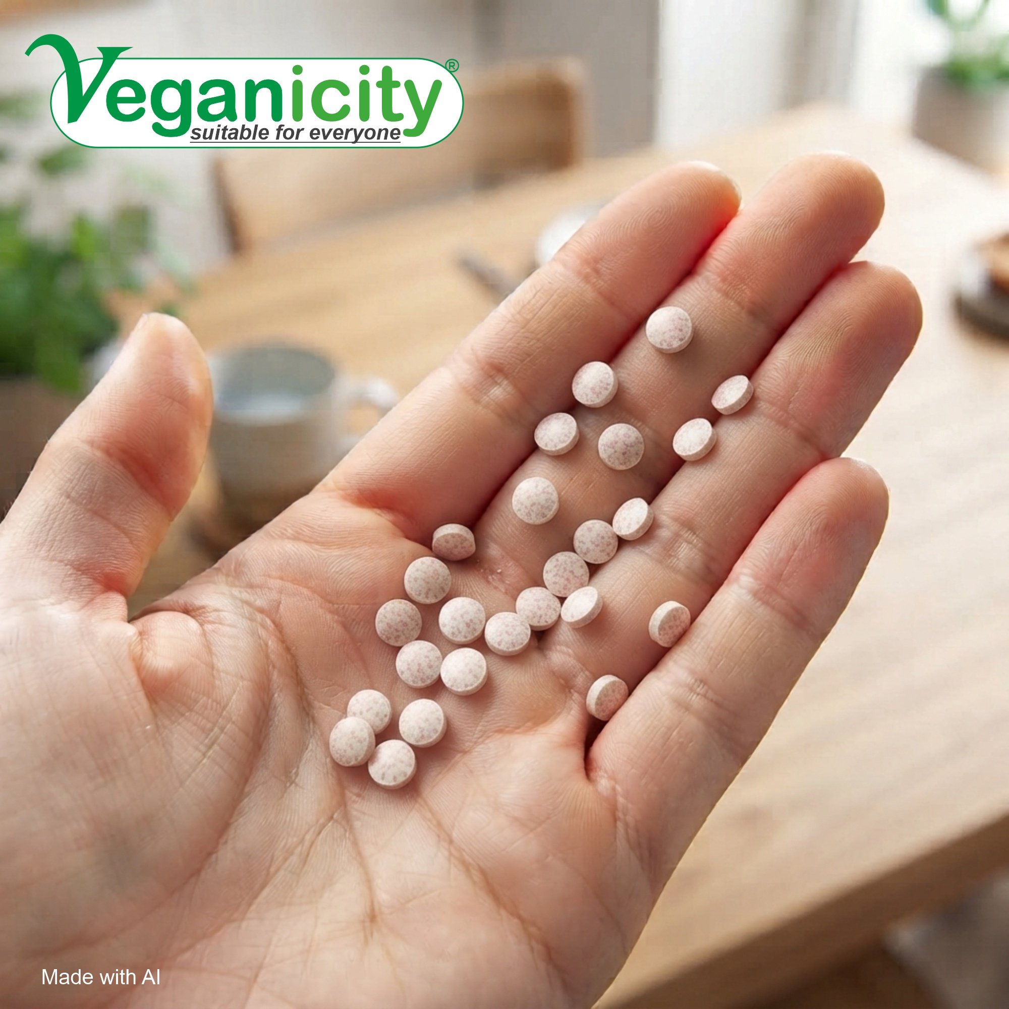 A person's hand holding several tiny round pink Veganicity B12 1000µg tablets