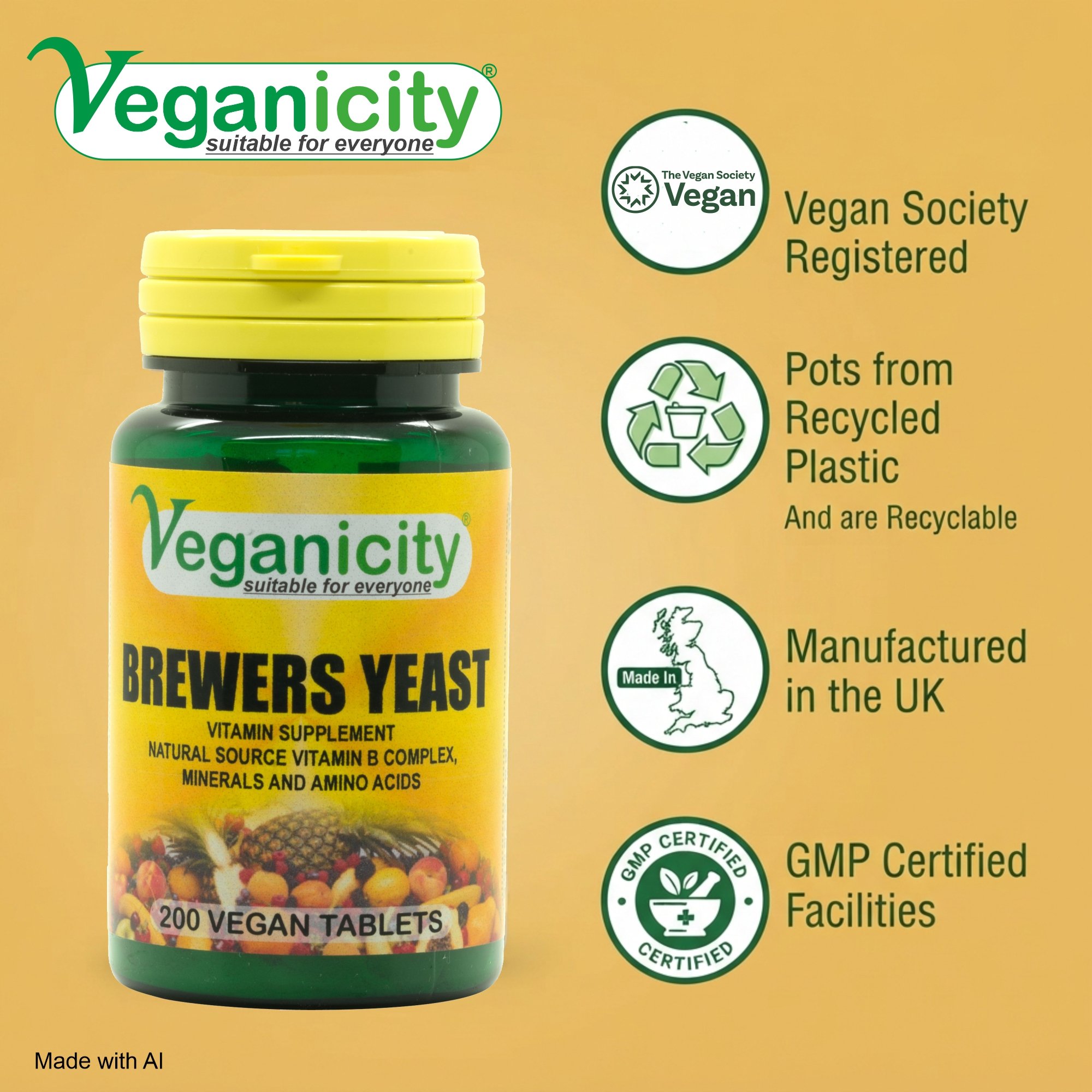 Veganicity Vegan Brewers Yeast 300mg Vegan Society Registered 99% recycled pot GMP manufactured in the UK