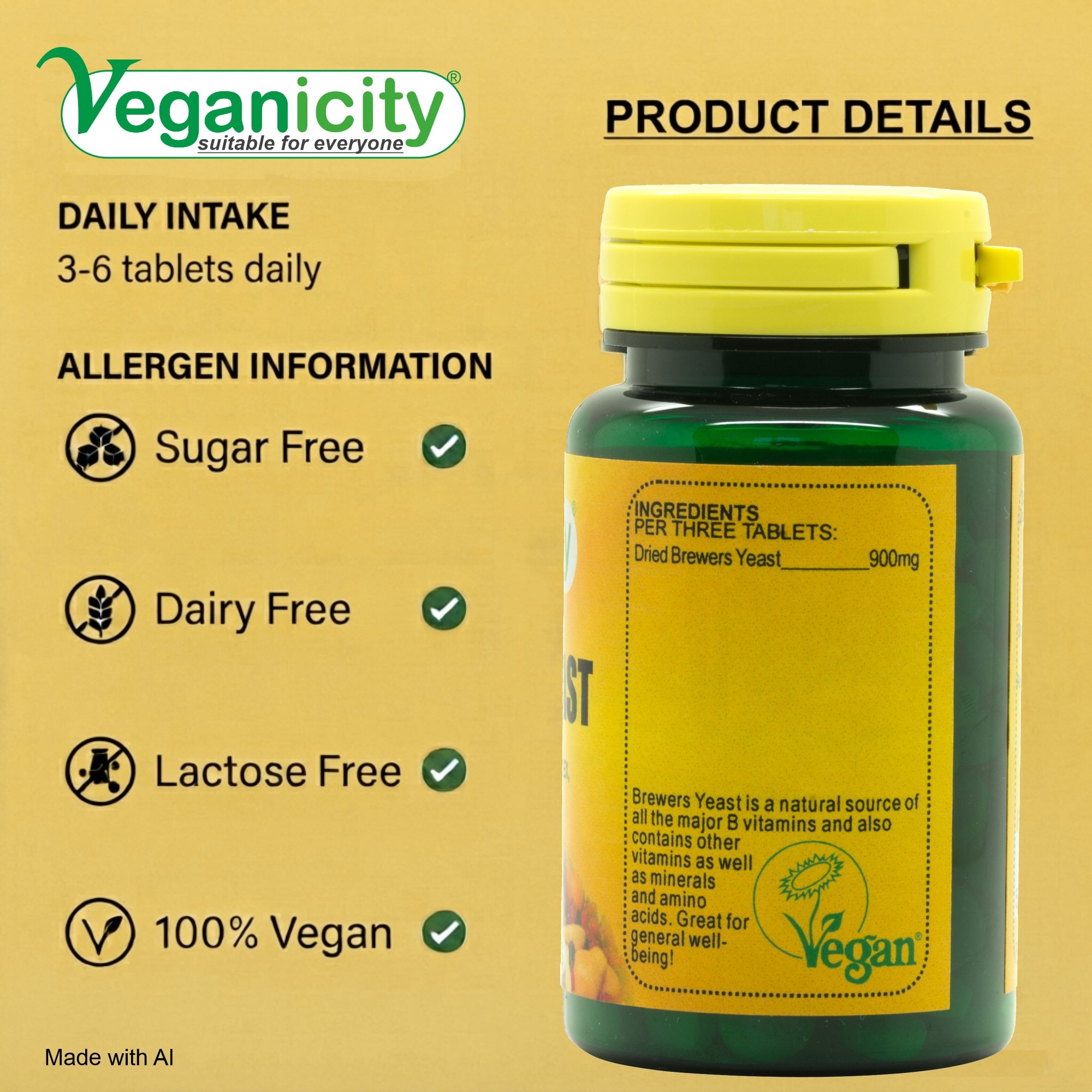 Veganicity Vegan Brewers Yeast 300mg Ingredients and Nutritional Label - UK Manufactured - Free from sugar dairy & lactose