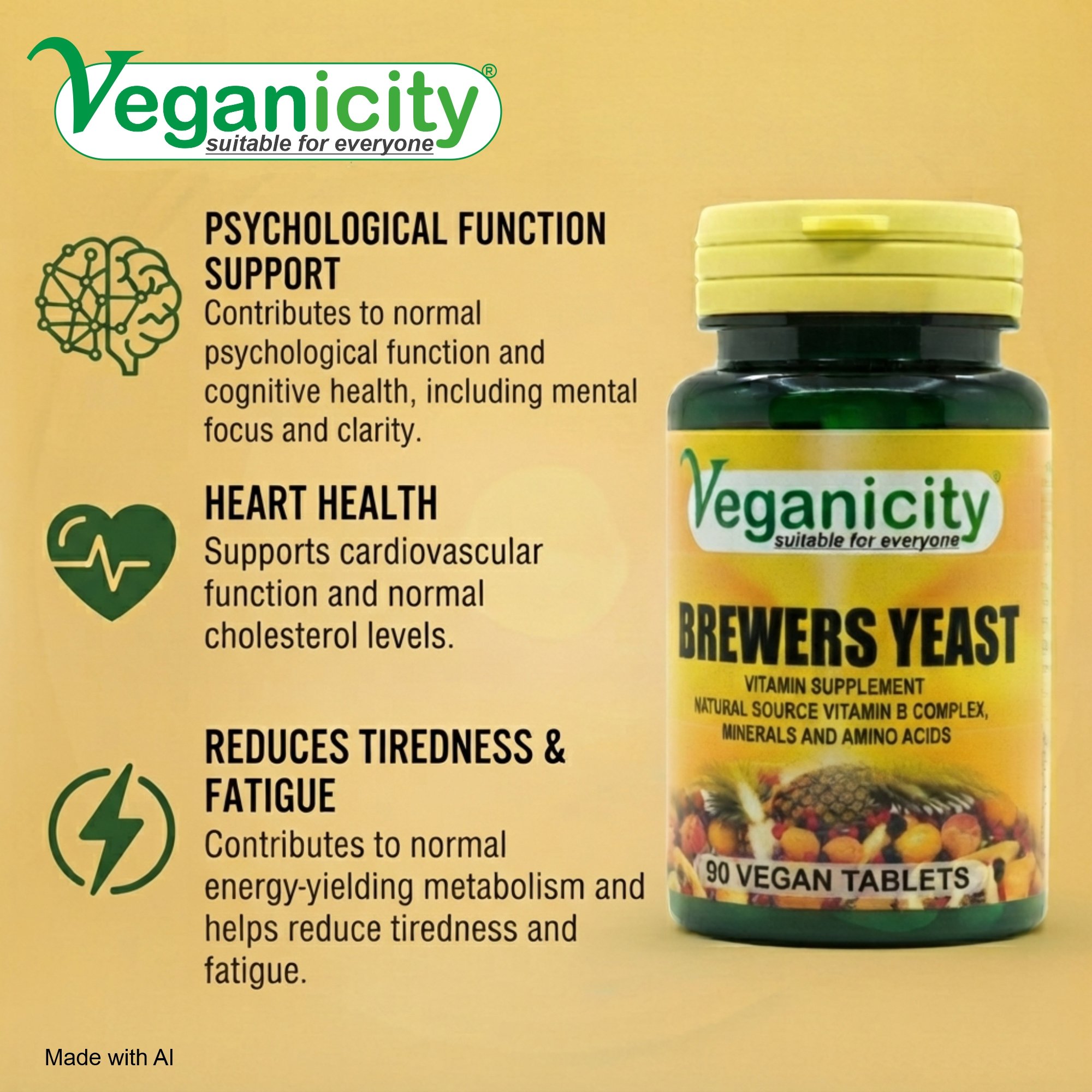 Veganicity Vegan Brewers Yeast 300mg for heart health energy production and brain function