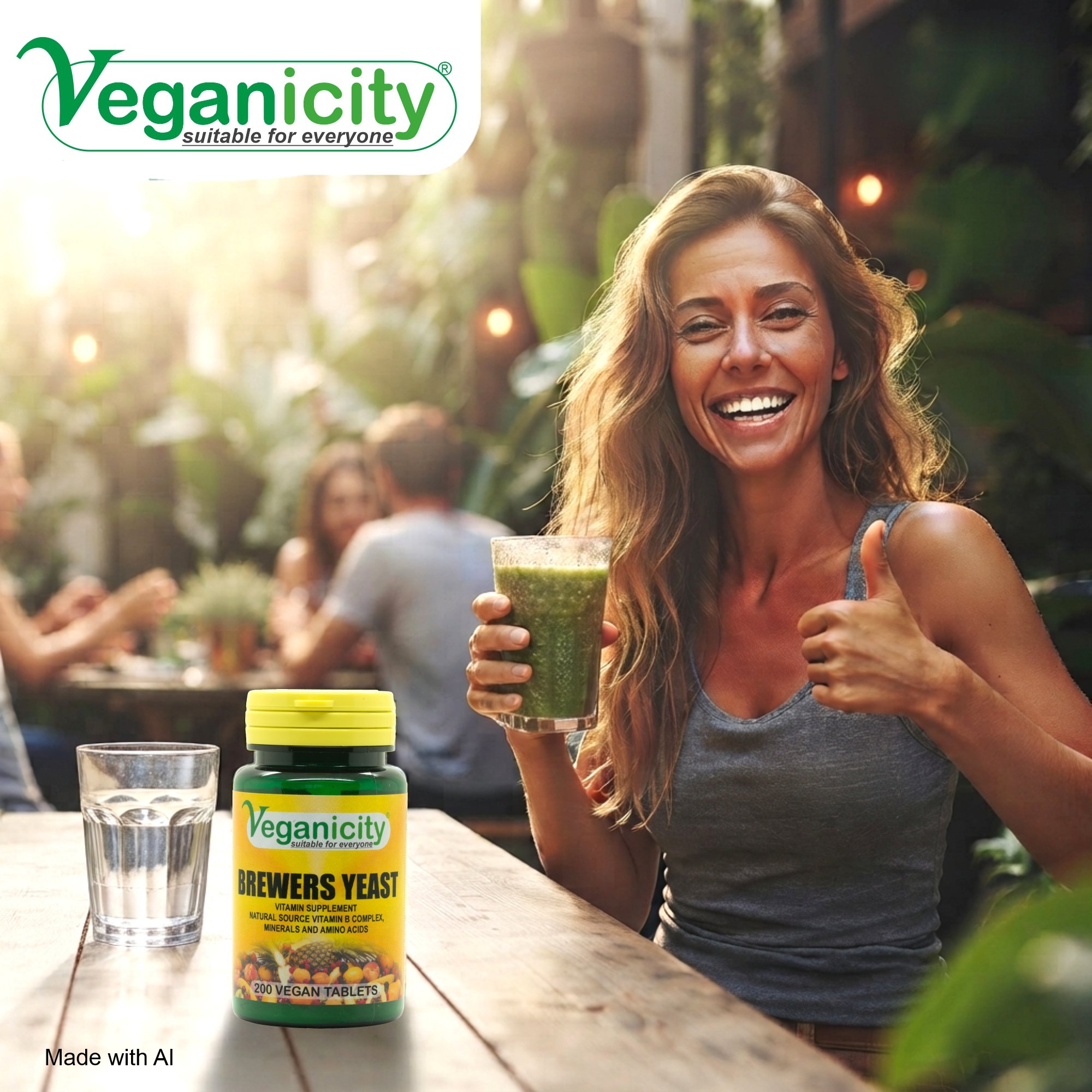 Veganicity Vegan Brewers Yeast 200 Tablets pot sitting on a table outside by a young women holding a drink looking healthy and active