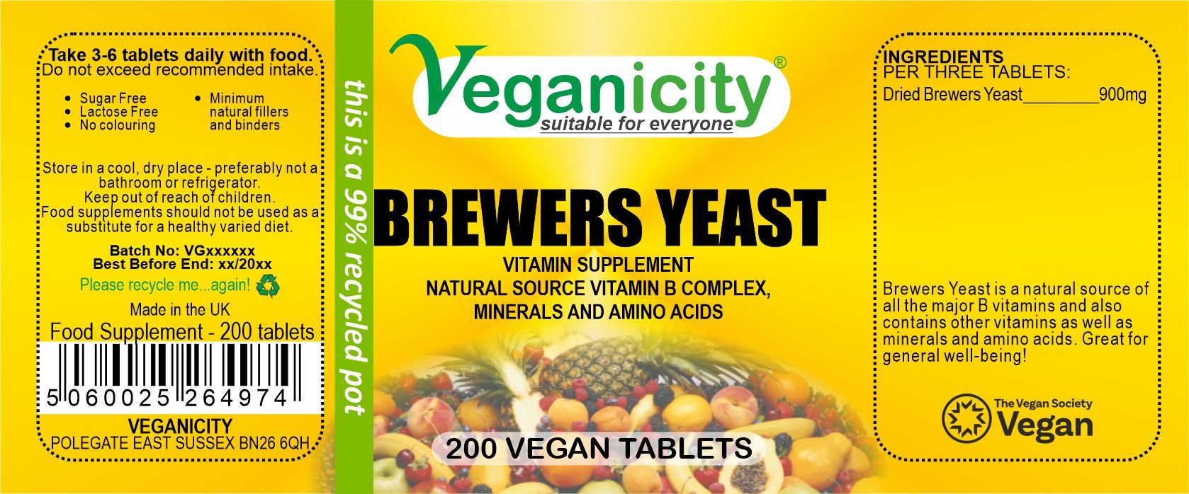 Veganicity Vegan Brewers Yeast 300mg 200 tablets full product label Ingredients Directions batch Number Best Before Barcode
