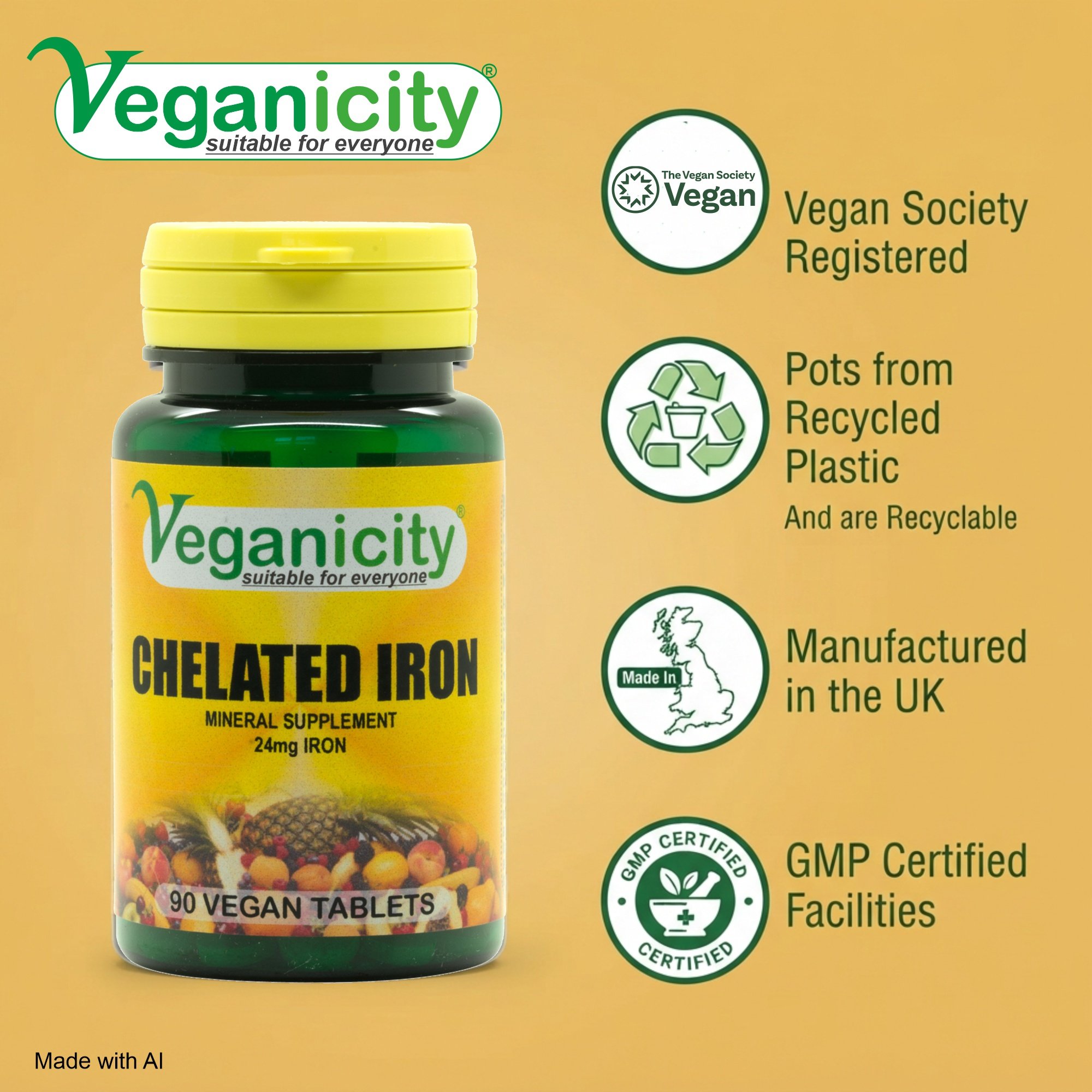 Veganicity vegan Chelated Iron 24mg Vegan Society Registered 99% recycled pot GMP manufactured in the UK