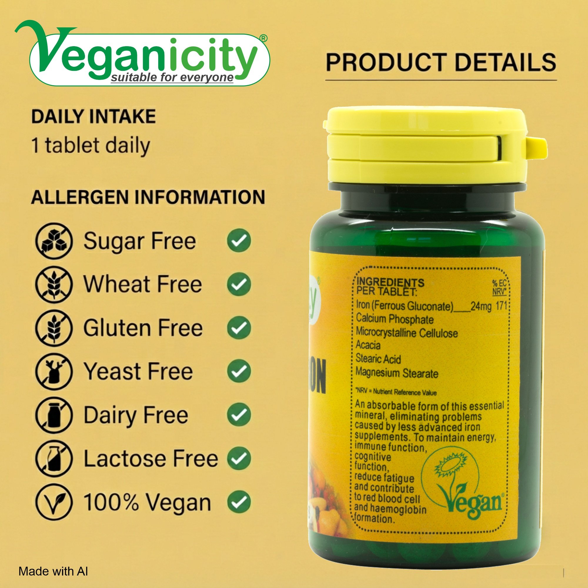 Vegan Chelated iron 24mg nutritional label daily intake - Free from Suger Wheat Gluten Yeast Dairy & Lactose