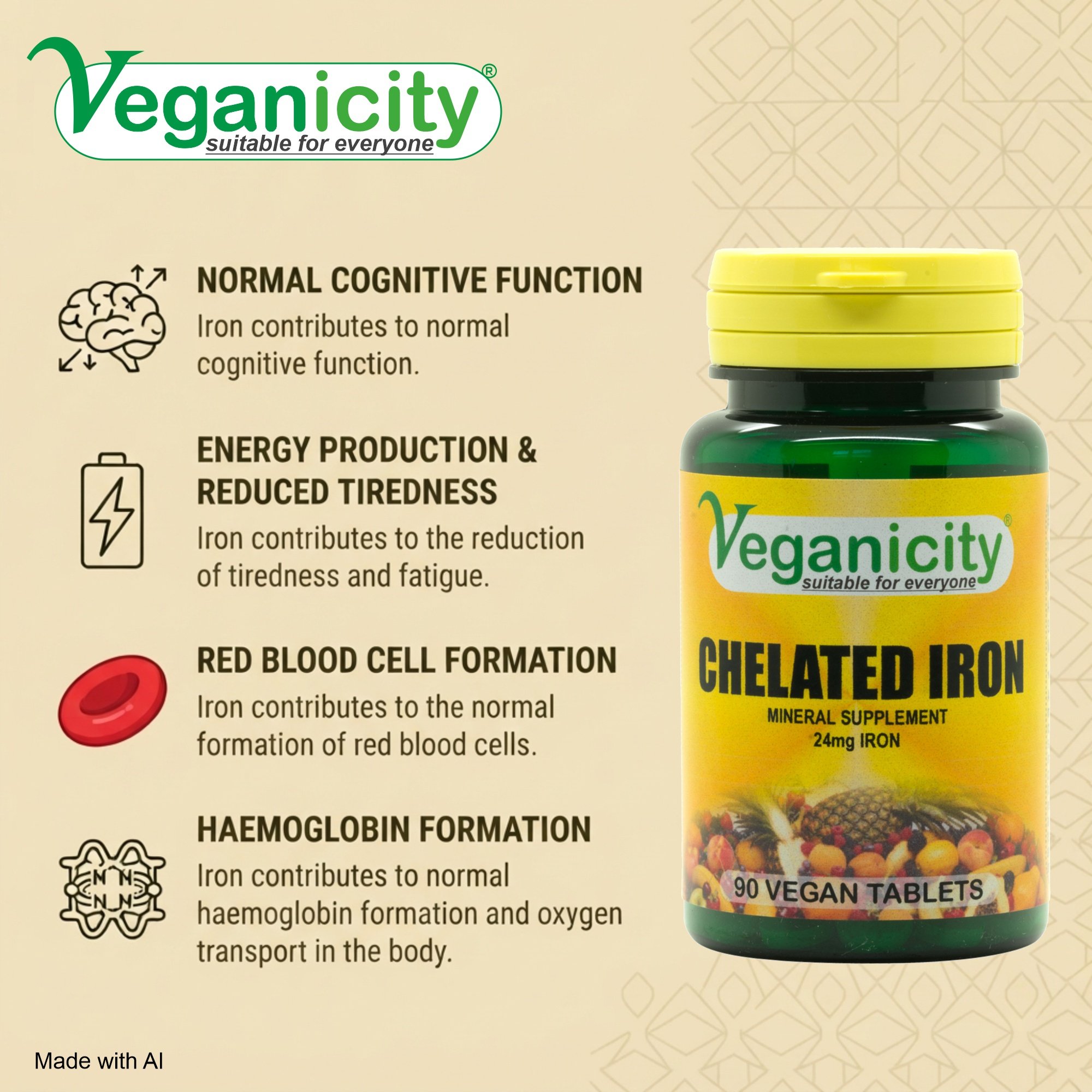 Veganicity vegan Chelated Iron 24mg Energy production Cognitive function Red blood cell formation Haemoglobin Cell Division Oxygen transport Reduce tiredness and fatigue