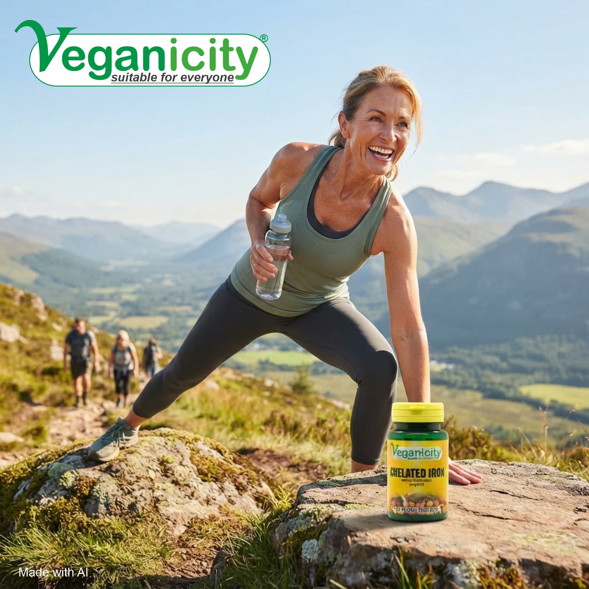 Veganicity vegan Chelated Iron 24mg 90 tablet pots sitting on a rock whilst a women stretches having walked up a hill