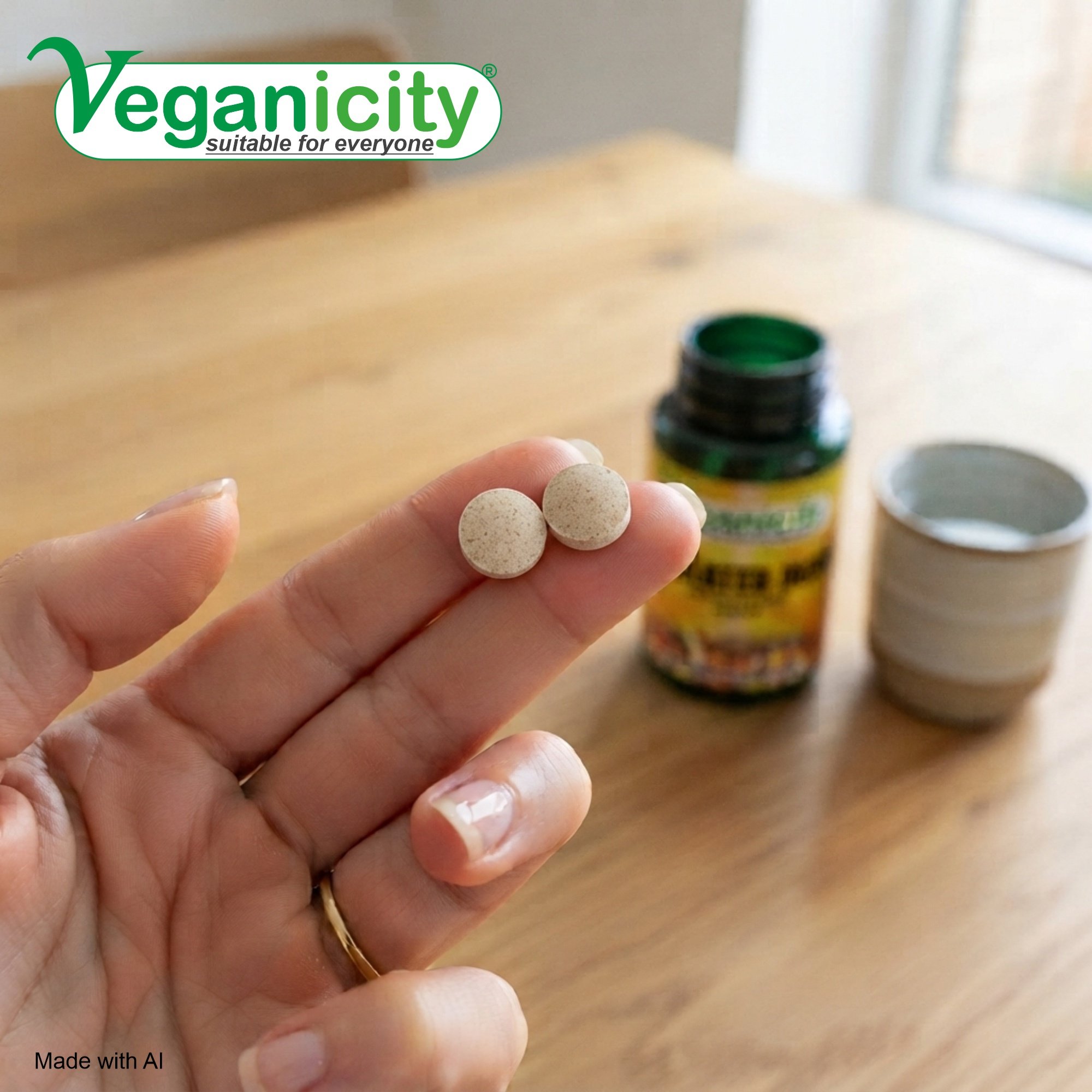 A person's hand holding two Veganicity Chelated Iron 24mg tablet in their hand showing a small easy to take 10mm diameter round tablet