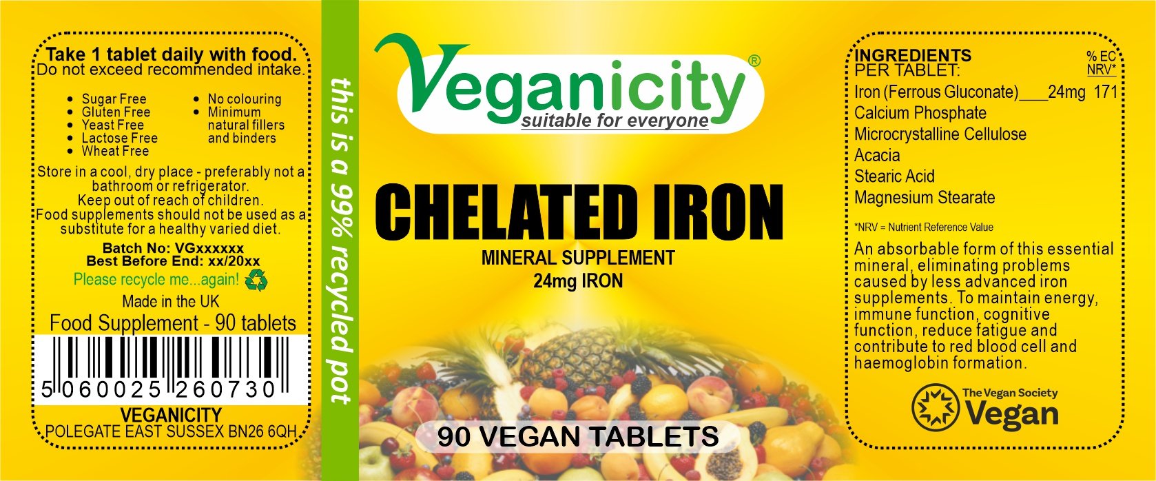 Veganicity vegan Chelated Iron 24mg 90 tablets full product label Ingredients Directions Batch Number Best Before Barcode