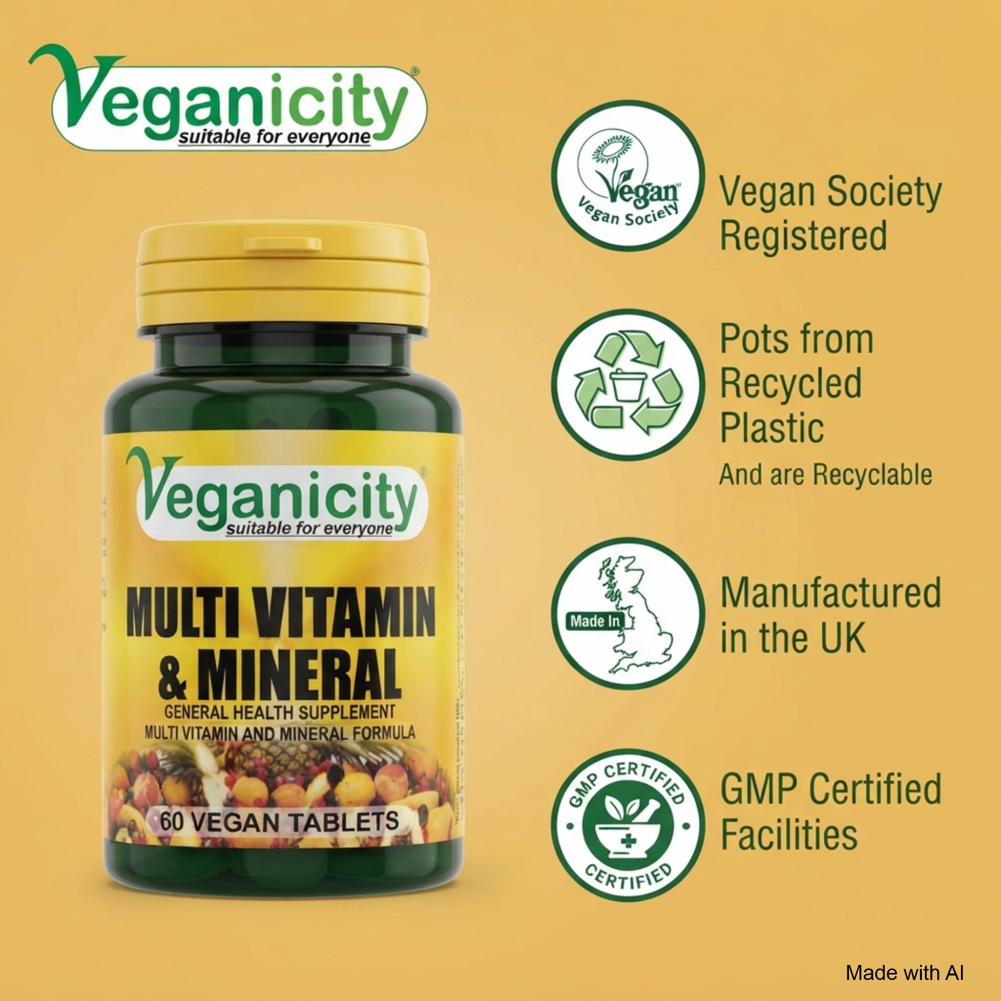 Veganicity Vegan Multi Vitamin & Mineral Vegan Society registered 99% recycled pot GMP manufactured in the UK