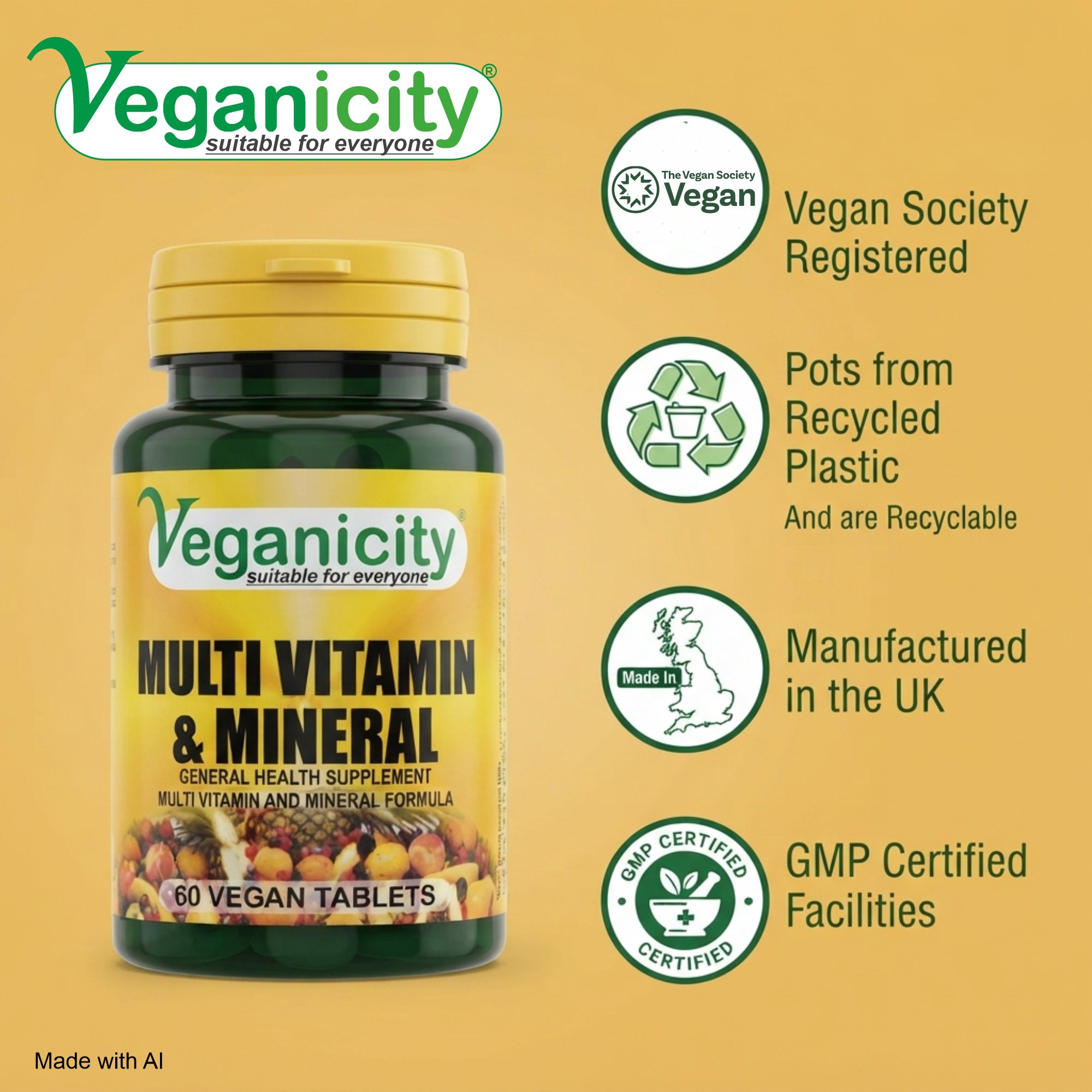 Veganicity Vegan Multi Vitamin & Mineral Vegan Society registered 99% recycled pot GMP manufactured in the UK