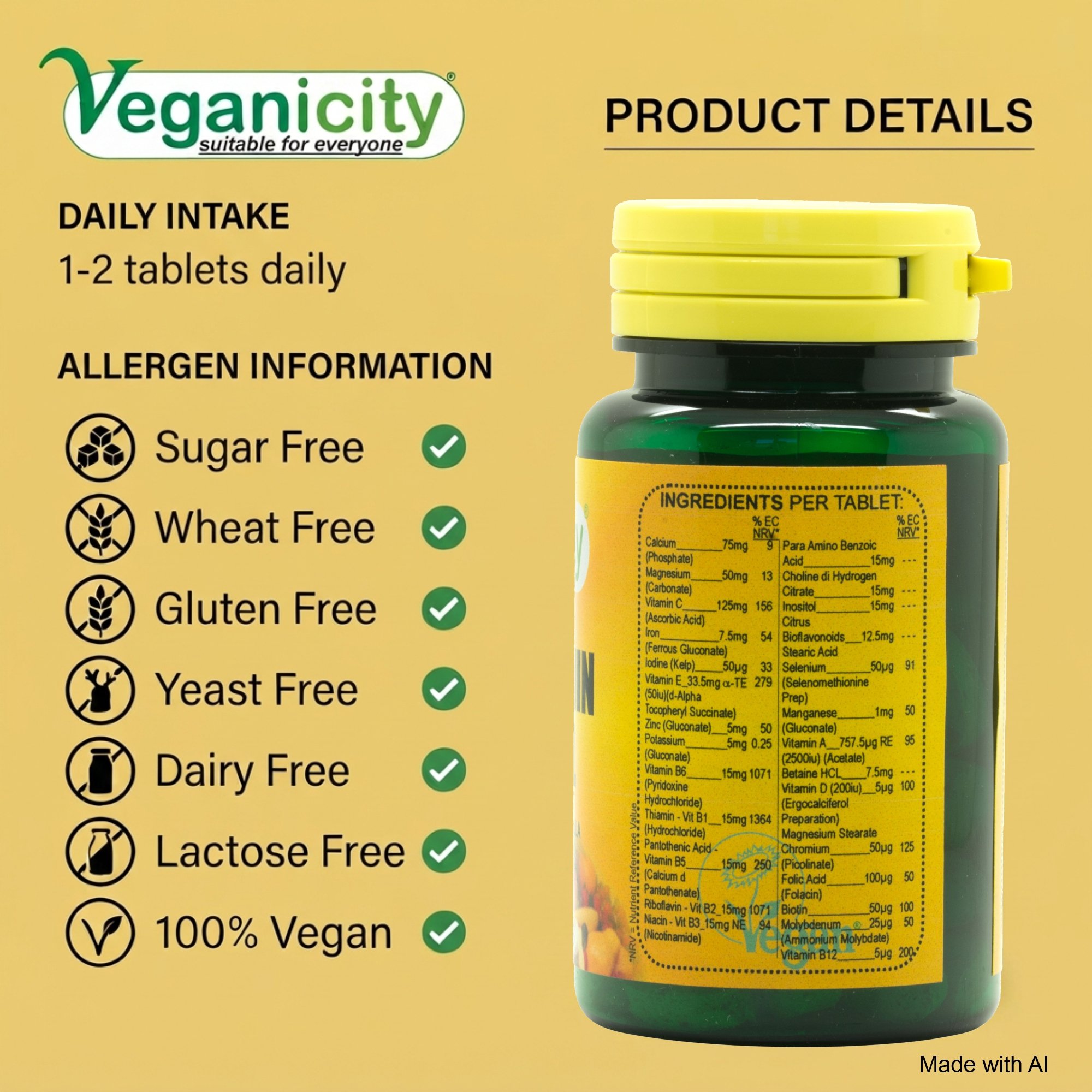 Veganicity Vegan Multi Vitamin & Mineral Ingredients and Nutritional Label – UK manufactured – Free from Sugar Wheat Gluten Yeast Lactose & dairy