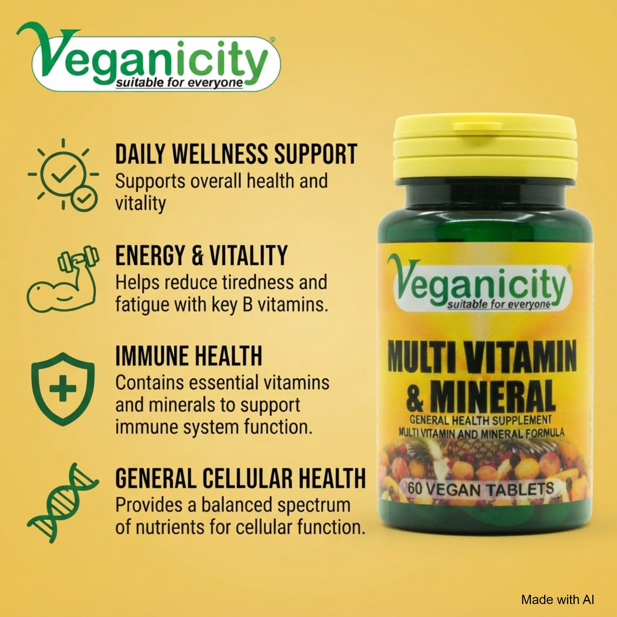Veganicity Vegan Multi Vitamin & Mineral Daily Wellness Support Energy and Vitality Immune Health General Health