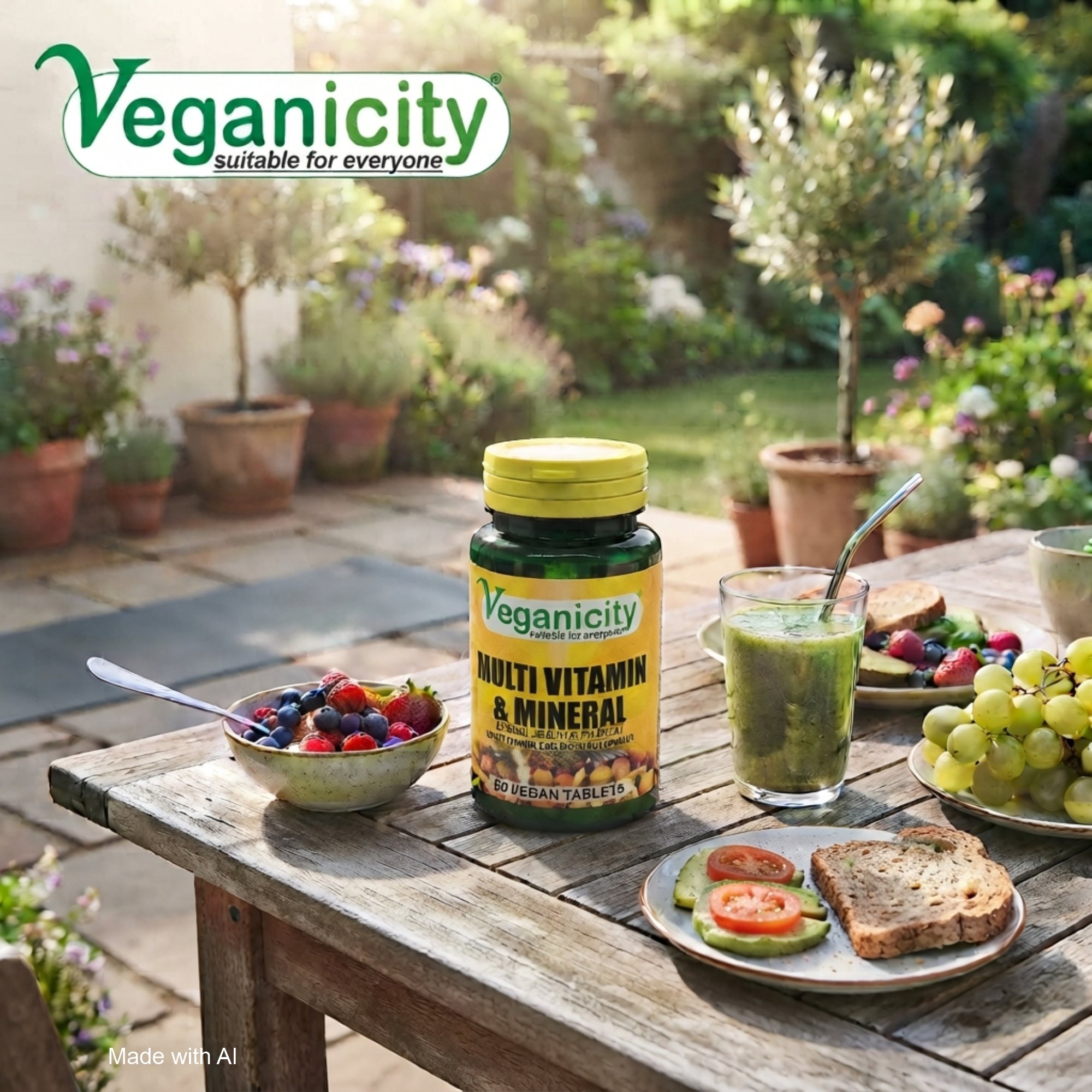 Veganicity Vegan Multi Vitamin & Mineral 60 Tablets pot sitting on an outdoor garden table