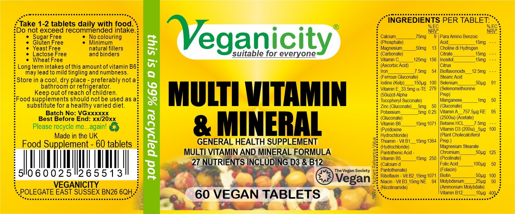 Veganicity Vegan Multi Vitamin & Mineral 60 Tablets full product label Ingredients Directions Batch Number Best Before Barcode