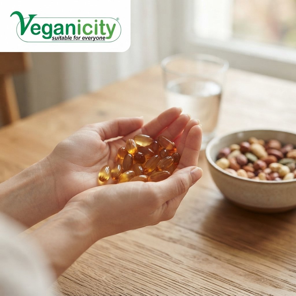 A person's hand cupping several Veganicity Vegan Omea-3 DHA:EPA 500mg veggei softgel easy to take capsules