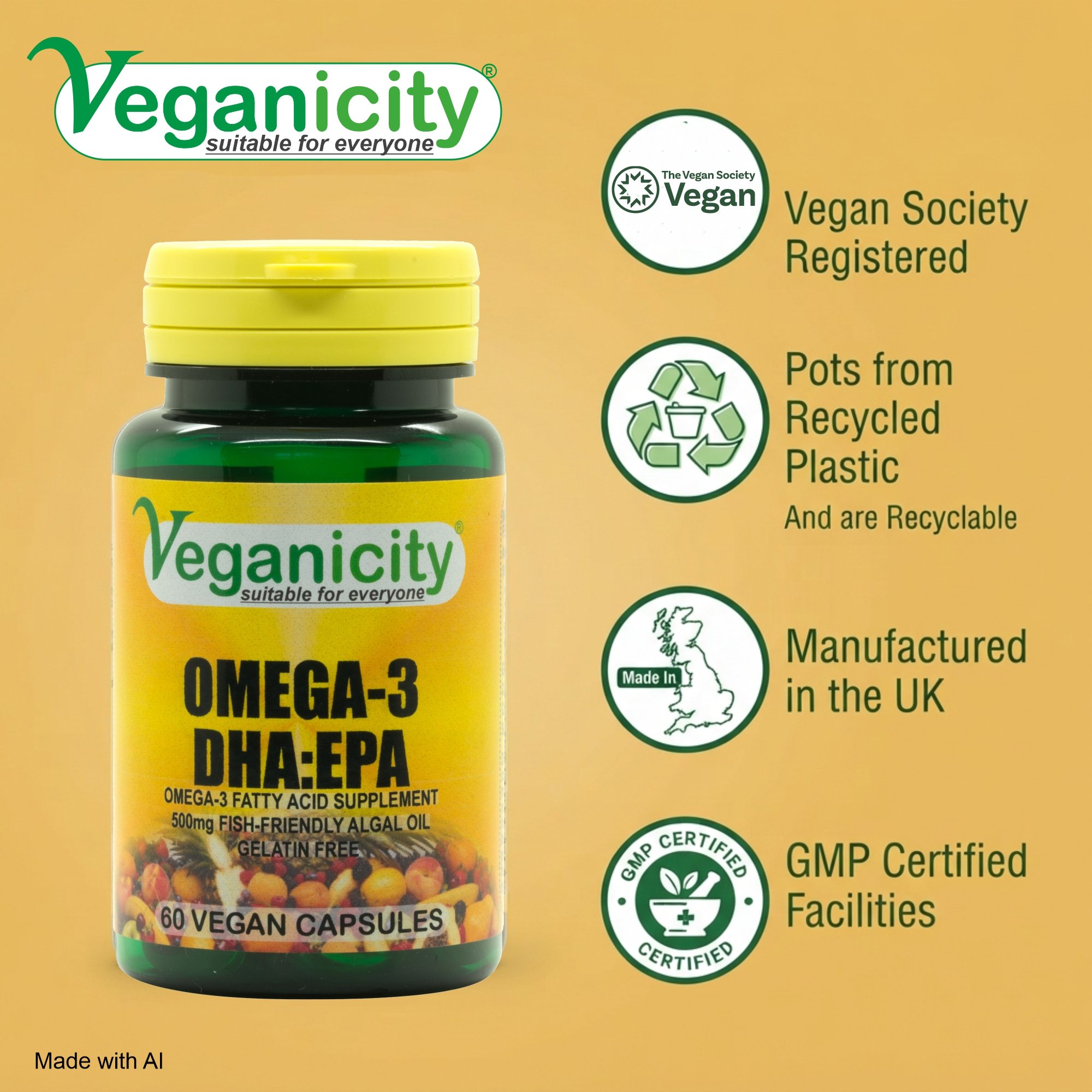 Veganicity Vegan Omega-3 DHA:EPA 500mg Vegan Society registered 99% recycled pot GMP manufactured