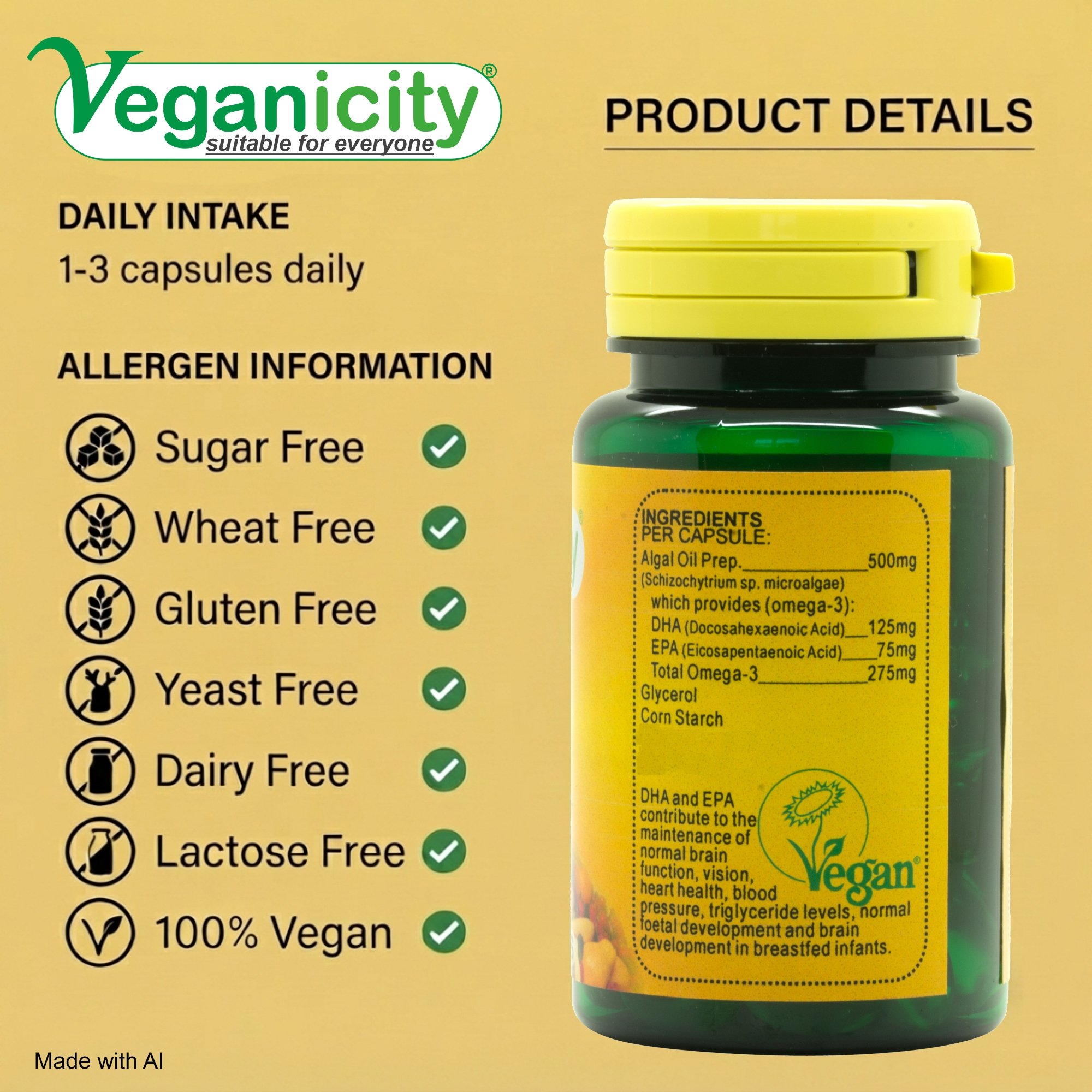 Veganicity Vegan Omega-3 DHA:EPA 500mg Ingredients and Nutritional Label - UK Manufactured Free from sugar wheat gluten yeast dairy & lactose