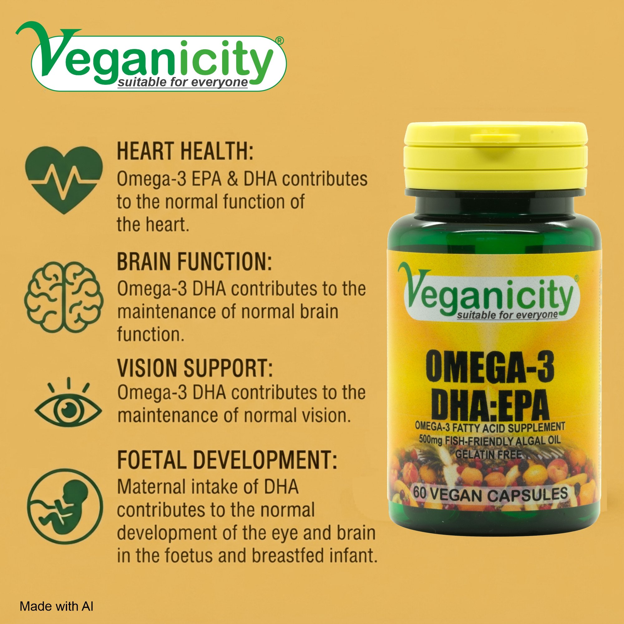 Veganicity Vegan Omega-3 DHA:EPA 500mg Heart Health Brain Function Vision Support Foetal Development