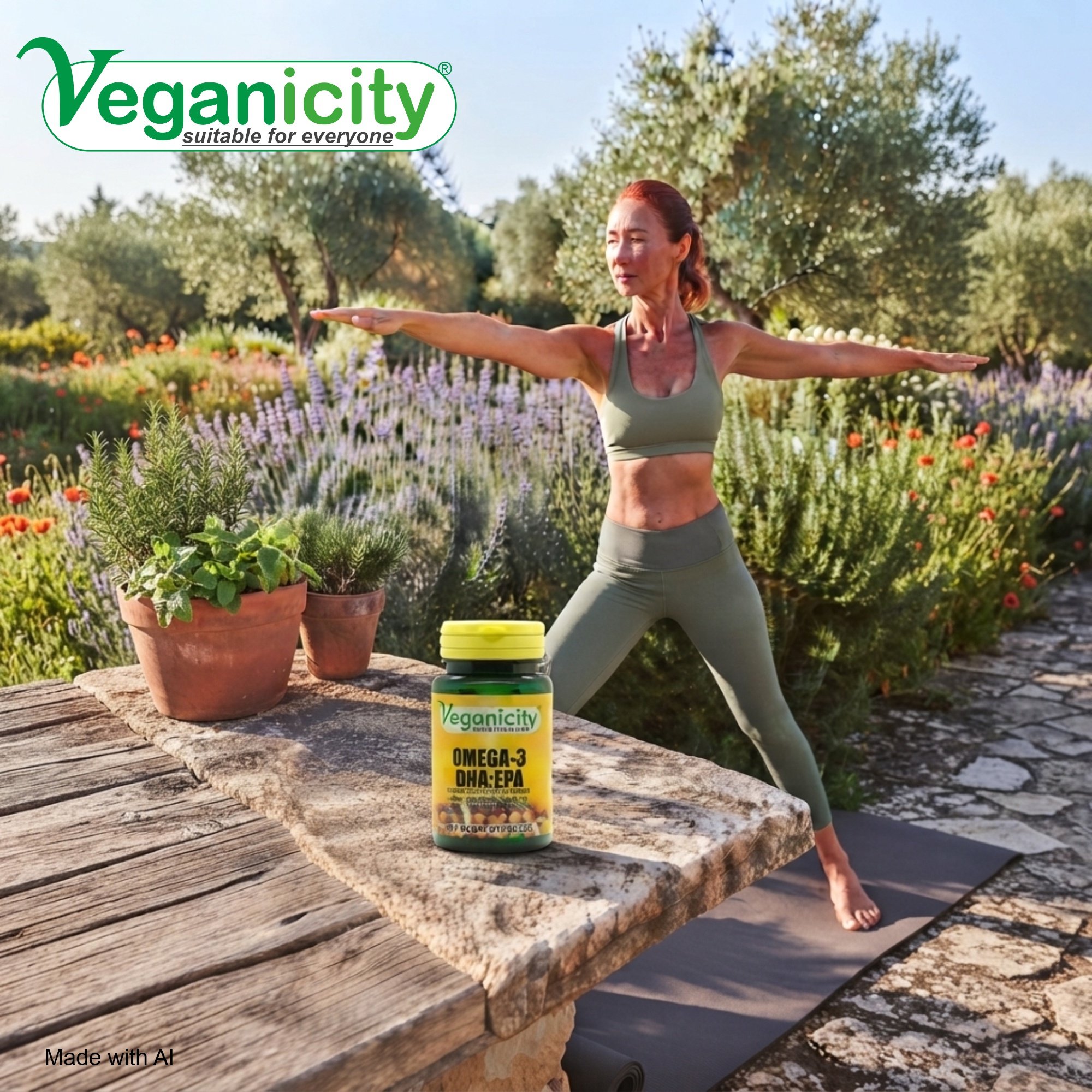 Veganicity Vegan Vitamin B12 1000µg 90 Tablets pot sitting on an out door table whilst a lady in the background does yoga surrounded by lavender