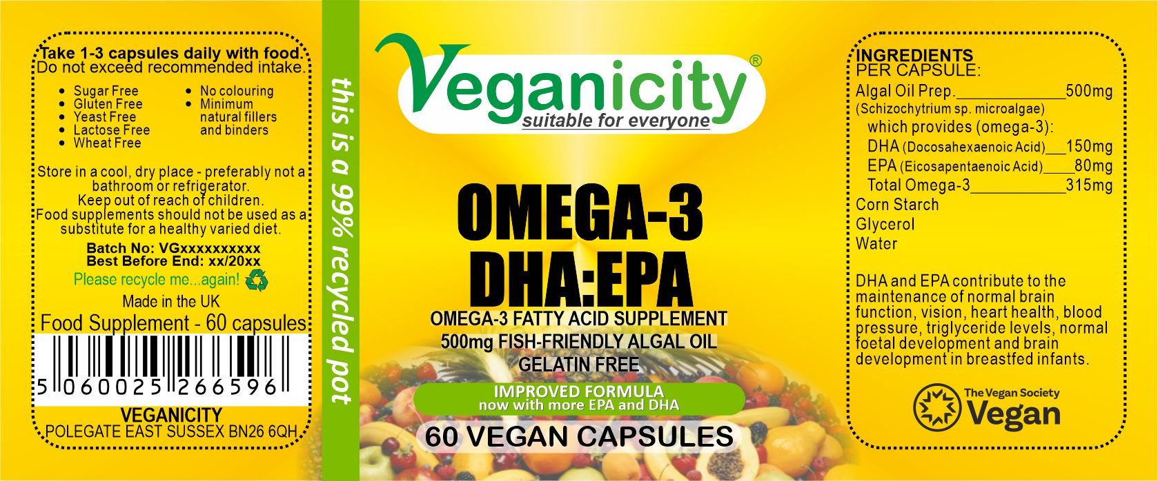 Veganicity Vegan Omega-3 DHA:EPA 500mg 60 Capsules from algae full product label Ingredients Directions Batch Number Best Before Barcode