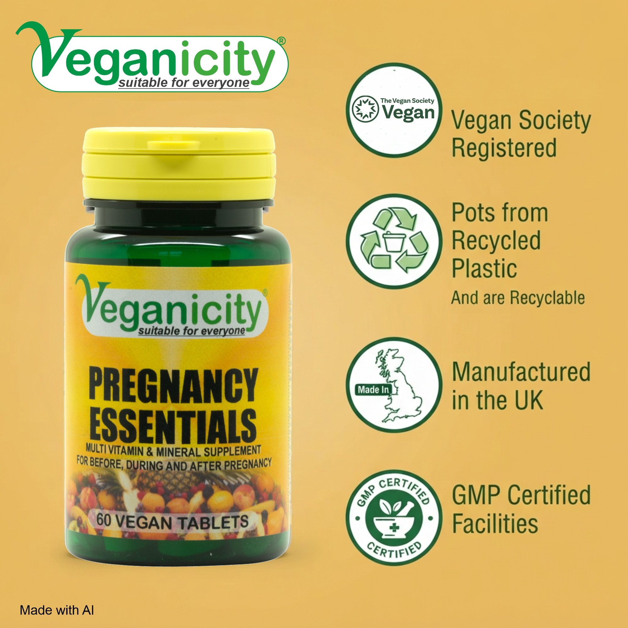 Veganicity Vegan Preganancy Essentials Vegan Society Registered 99% recycled pot GMP manufactured in the UK