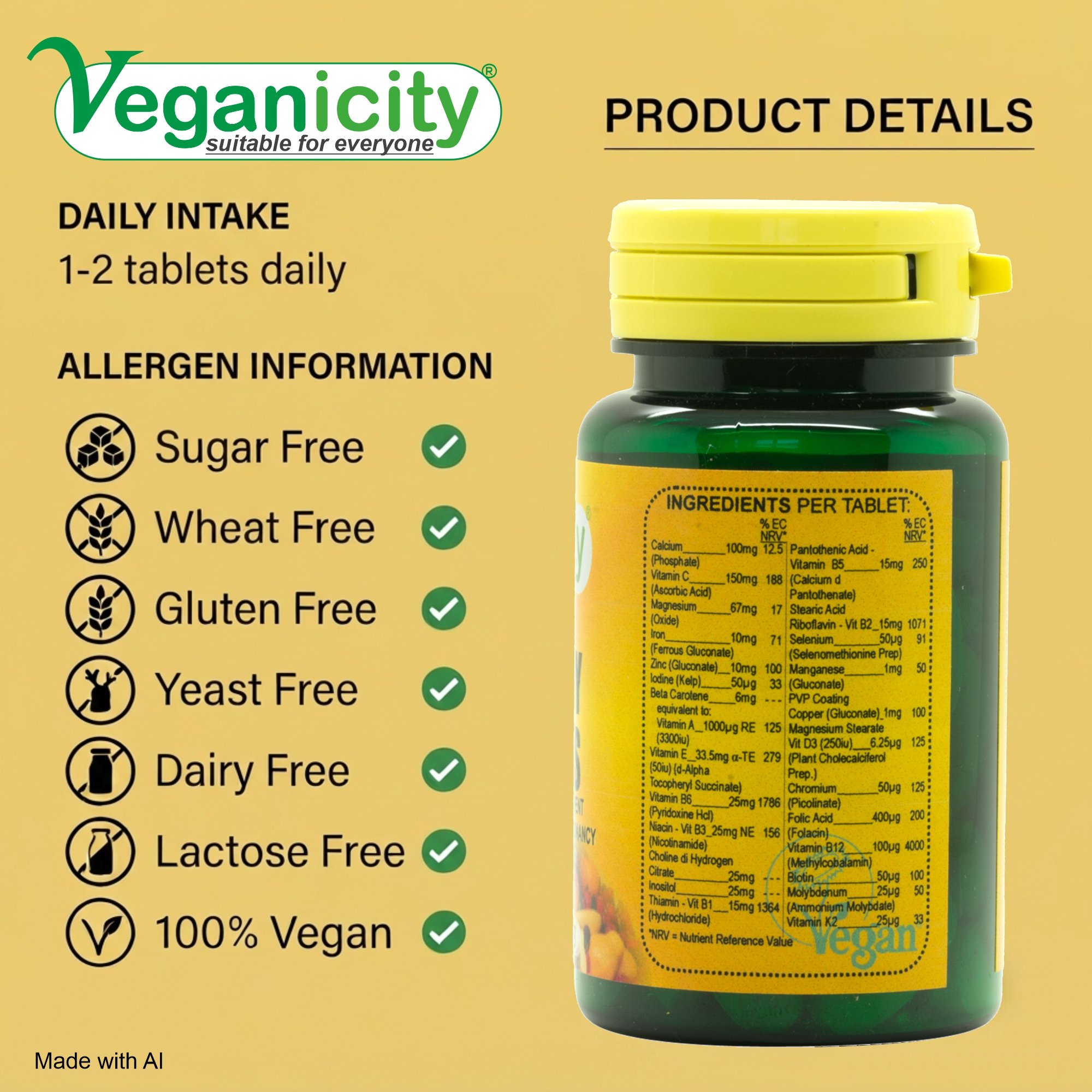 Veganicity Vegan Preganancy Essentials Ingredients and Nutritional Label - UK Manufactured Free from sugar wheat gluten yeast dairy & lactose