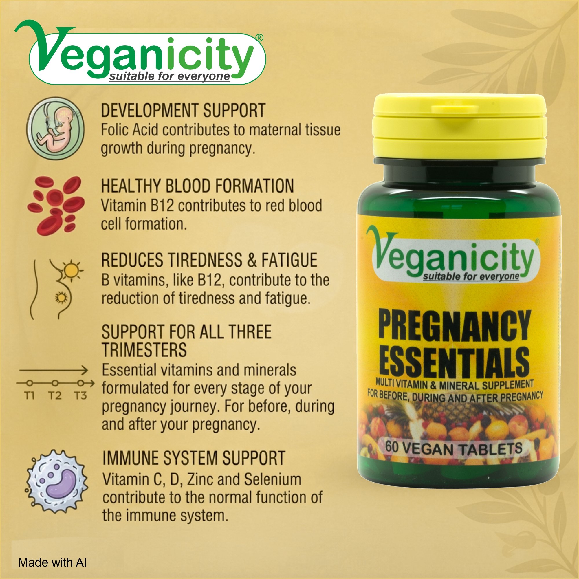 Veganicity Vegan Pregnancy Essentials - Foetal Development Red Blood Cell Formation Reduction of Tiredness Support for All Trimesters Immune Support