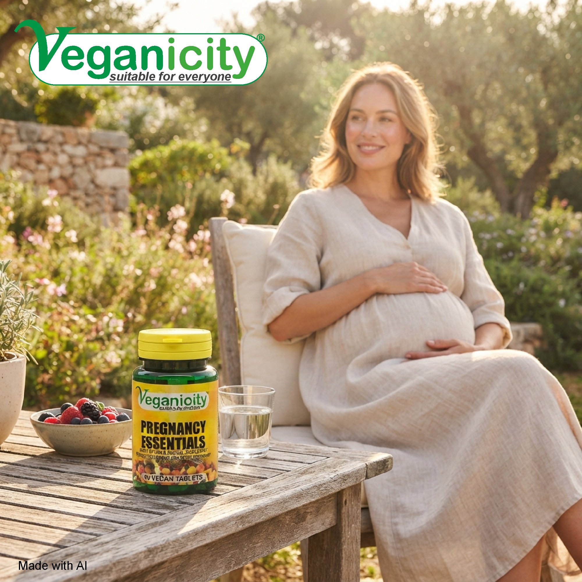 Veganicity Vegan Pregnancy Essentials 60 tablets pot sitting on an outside table with a healthy pregnancy mum to be looking healthy