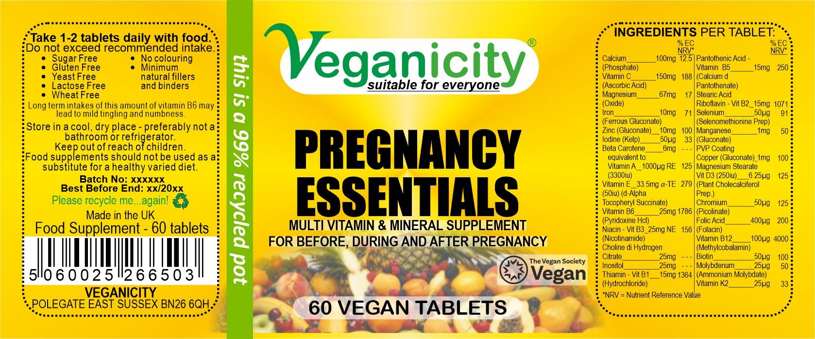 Veganicity Vegan Pregnancy Essentials to Tablets full product label Ingredients Directions Batch Number best Before Barcode
