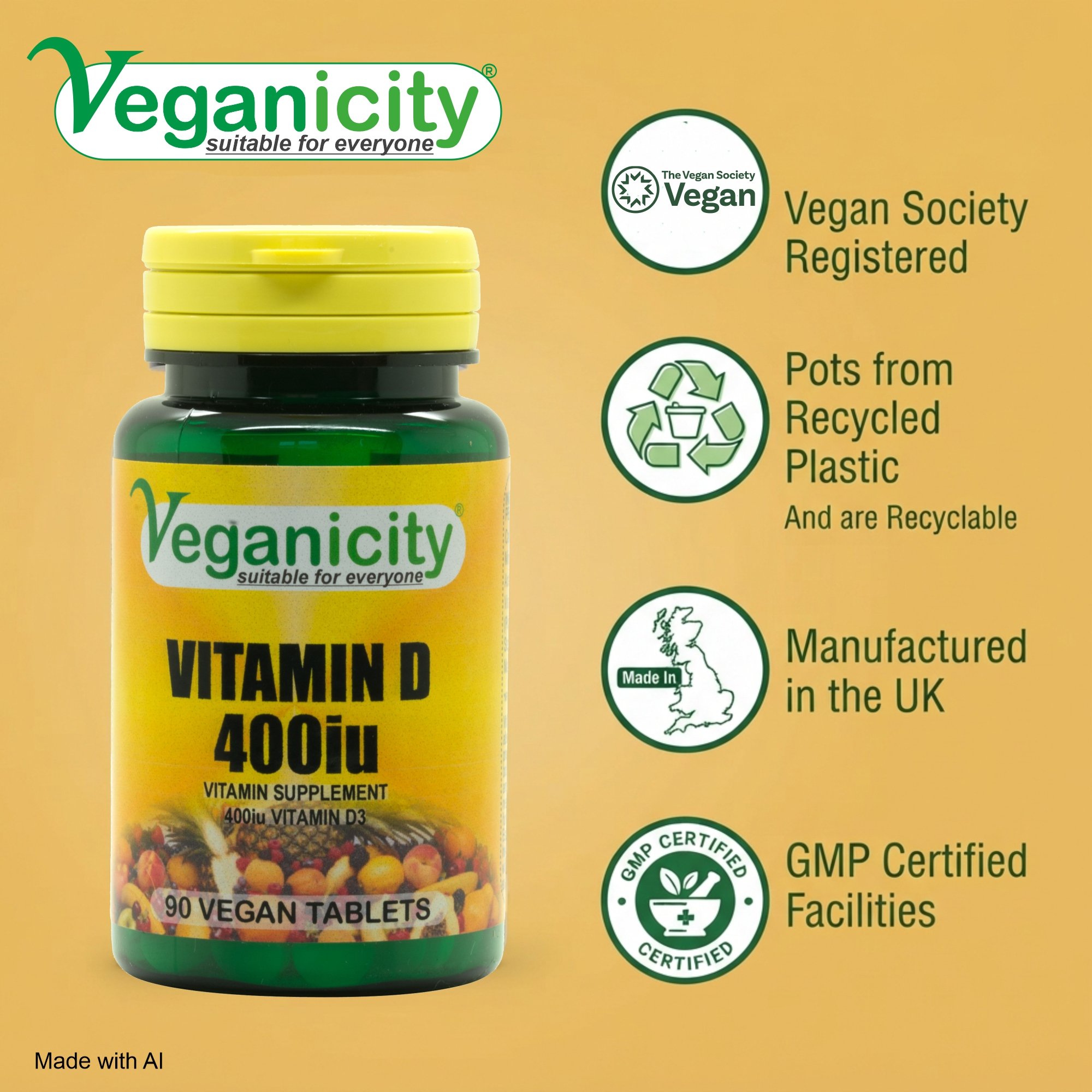 Veganicity vegan Vitamin D3 400iu (10µg) Vegan Society Registered 99% recycled pot GMP manufactured in the UK