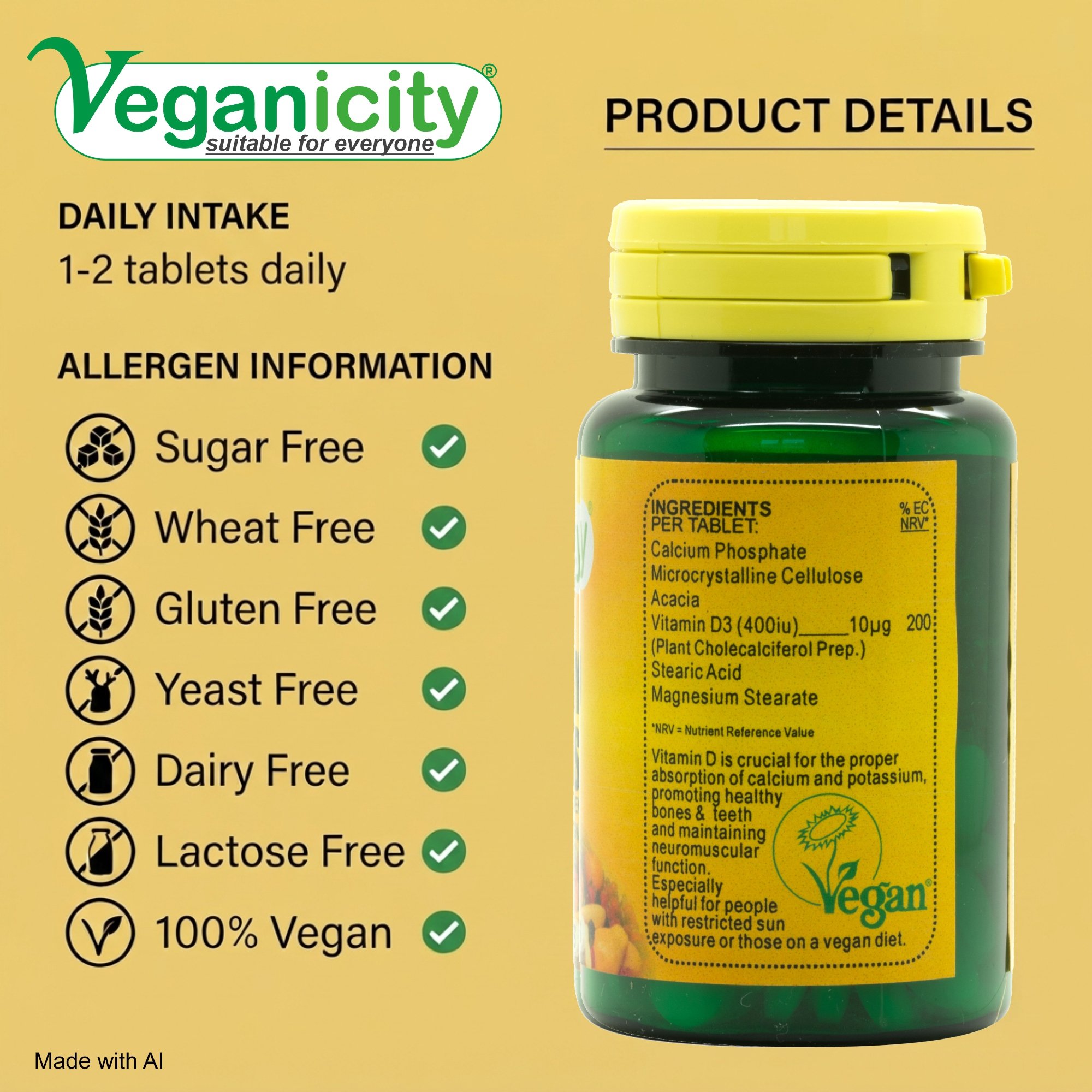 Vegan Vitamin D3 400iu (10µg) nutritional label daily intake - Free from Suger Wheat Gluten Yeast Dairy & Lactose