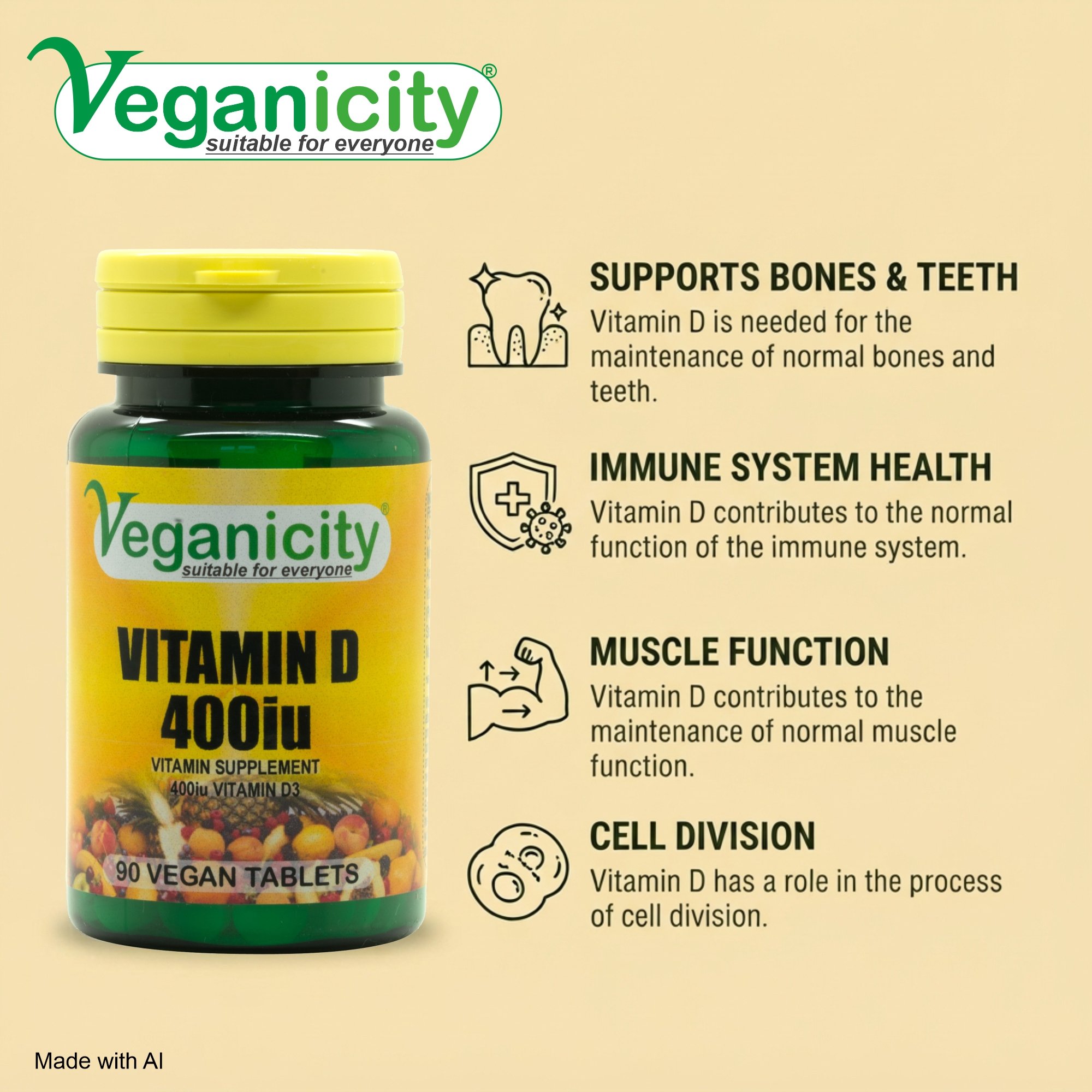 Veganicity vegan Vitamin D3 400iu (10µg) Bone health Joint Health Immune sytem finction Muscle function maintenance