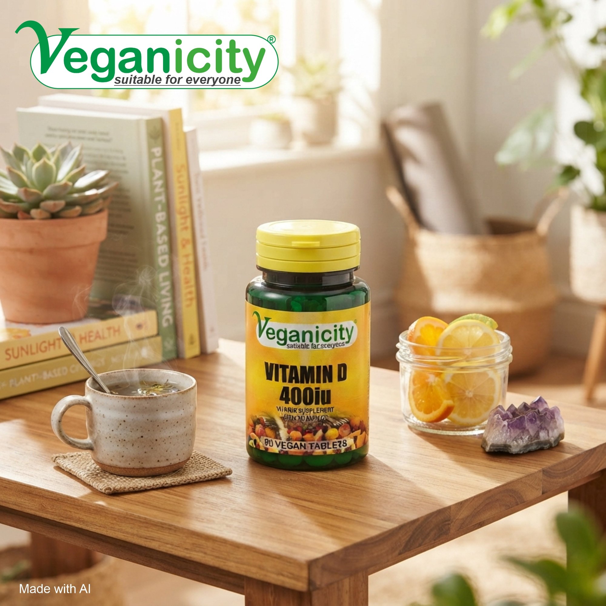 Veganicity vegan Vitamin D3 400iu (10µg) 90 tablets pot sitting on a kitchen table
