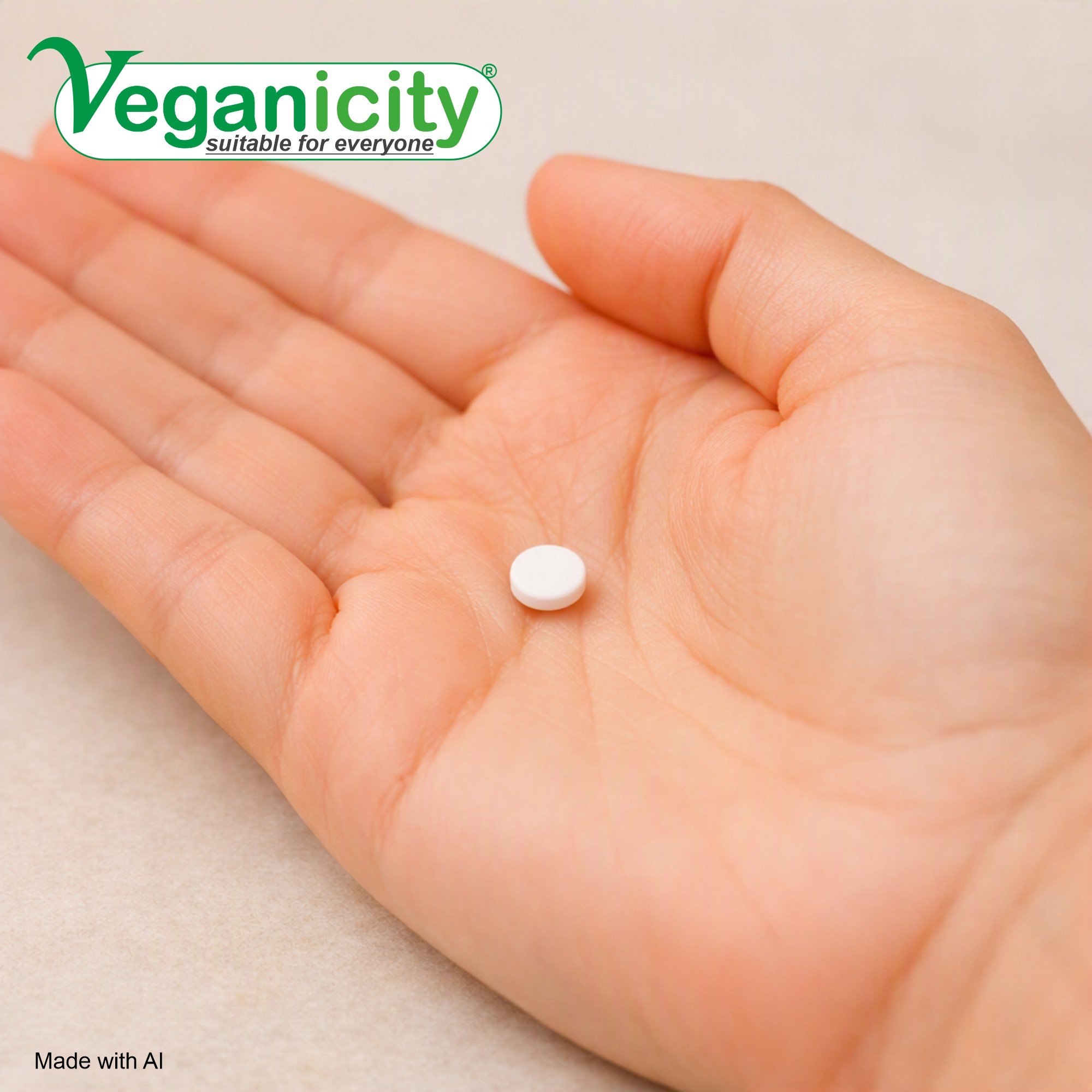 A person's hand holding a Veganicity Vitamin D3 400iu (10µg) tablet in their palm showing a small easy to take 10mm diameter round tablet