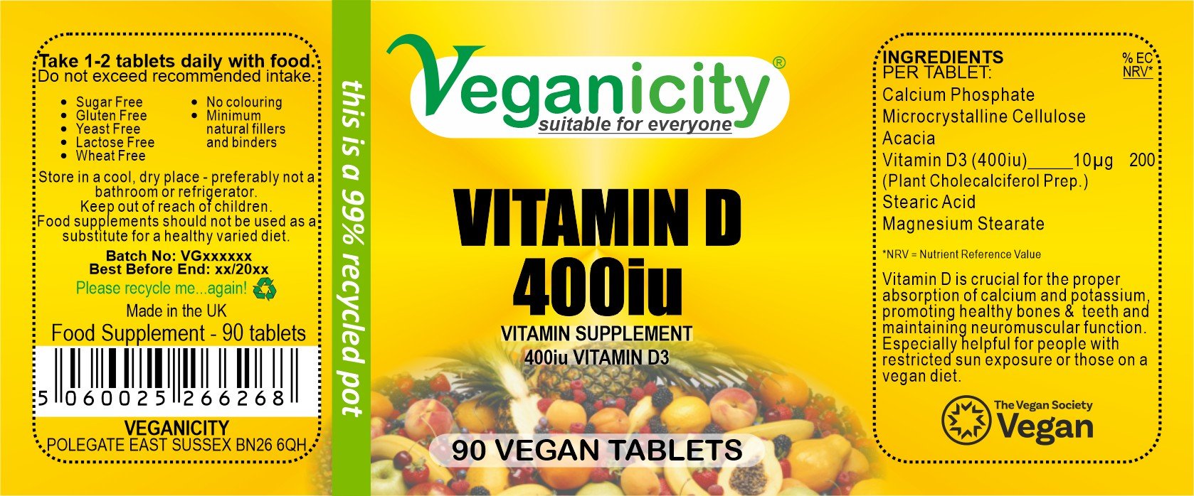 Veganicity vegan Vitamin D3 400iu (10µg) 90 tablets full product label Ingredients Directions Batch Number Best Before Barcode