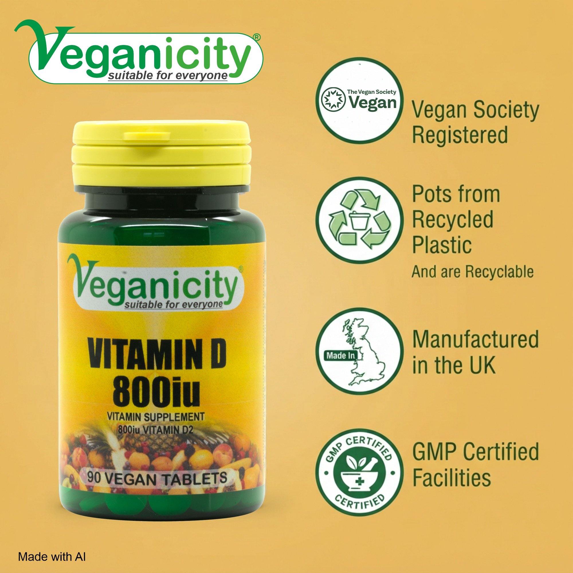 Veganicity vegan Vitamin D2 800iu (20µg) Vegan Society Registered 99% recycled pot GMP manufactured in the UK