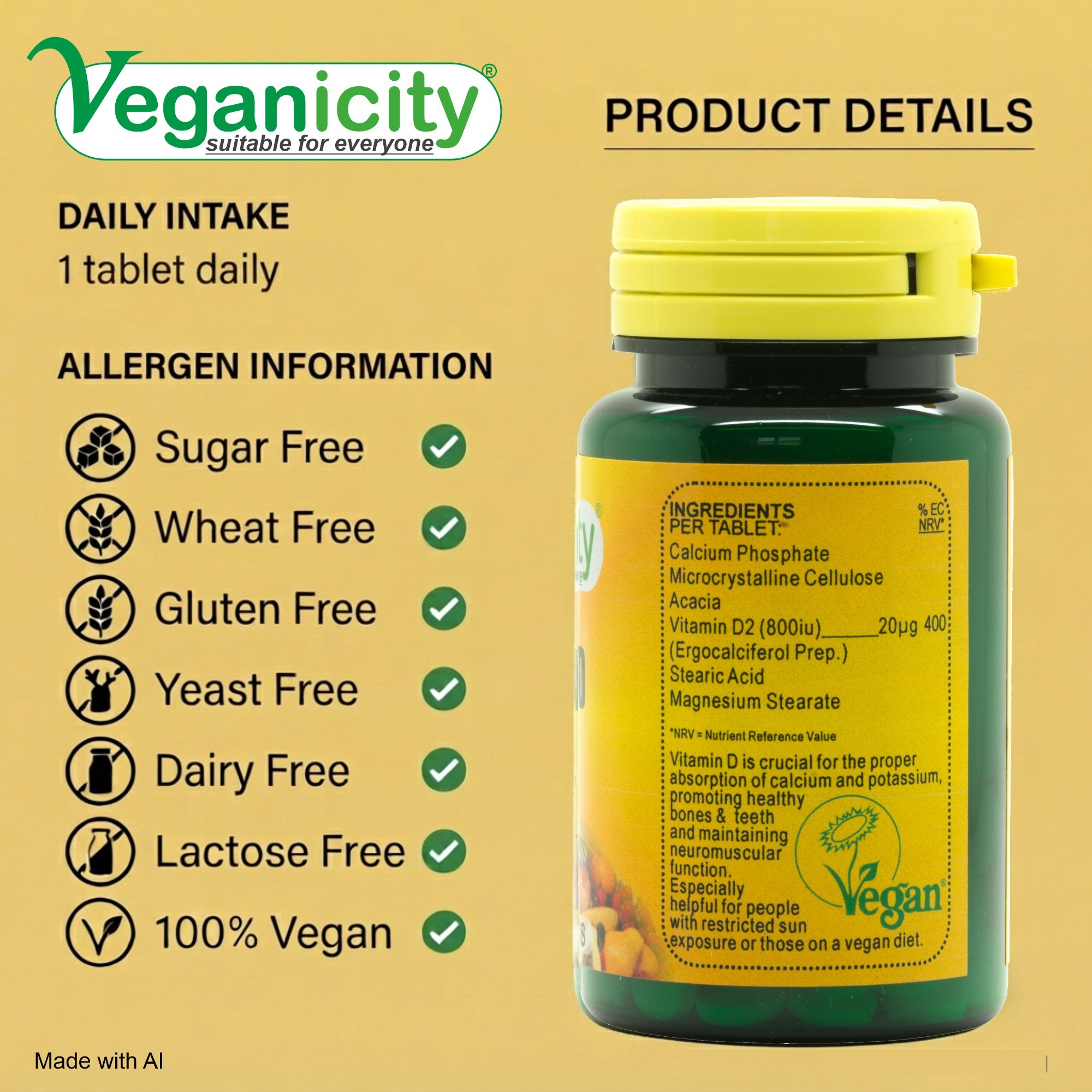 Vegan Vitamin D2 800iu (20µg) nutritional label daily intake - Free from Suger Wheat Gluten Yeast Dairy & Lactose