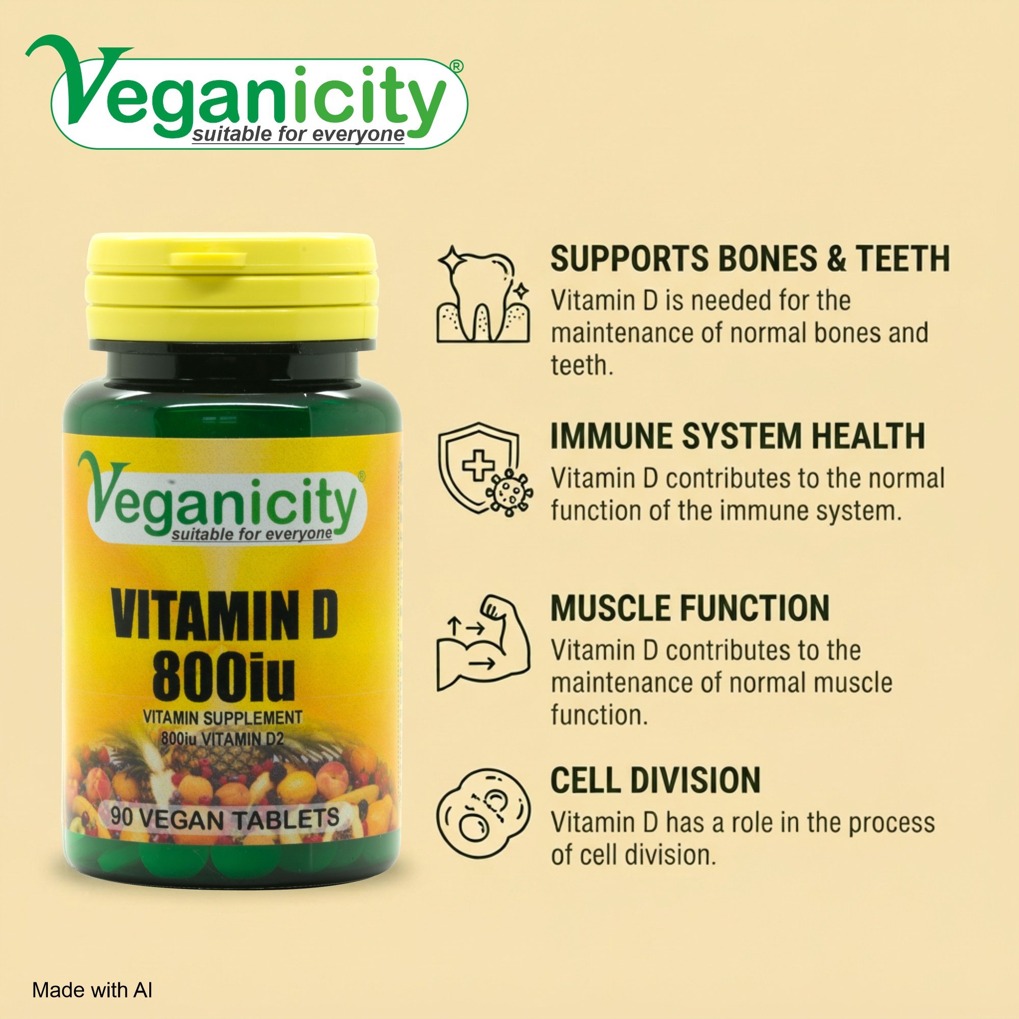 Veganicity vegan Vitamin D2 800iu (20µg) Bone health Joint Health Immune sytem finction Muscle function maintenance