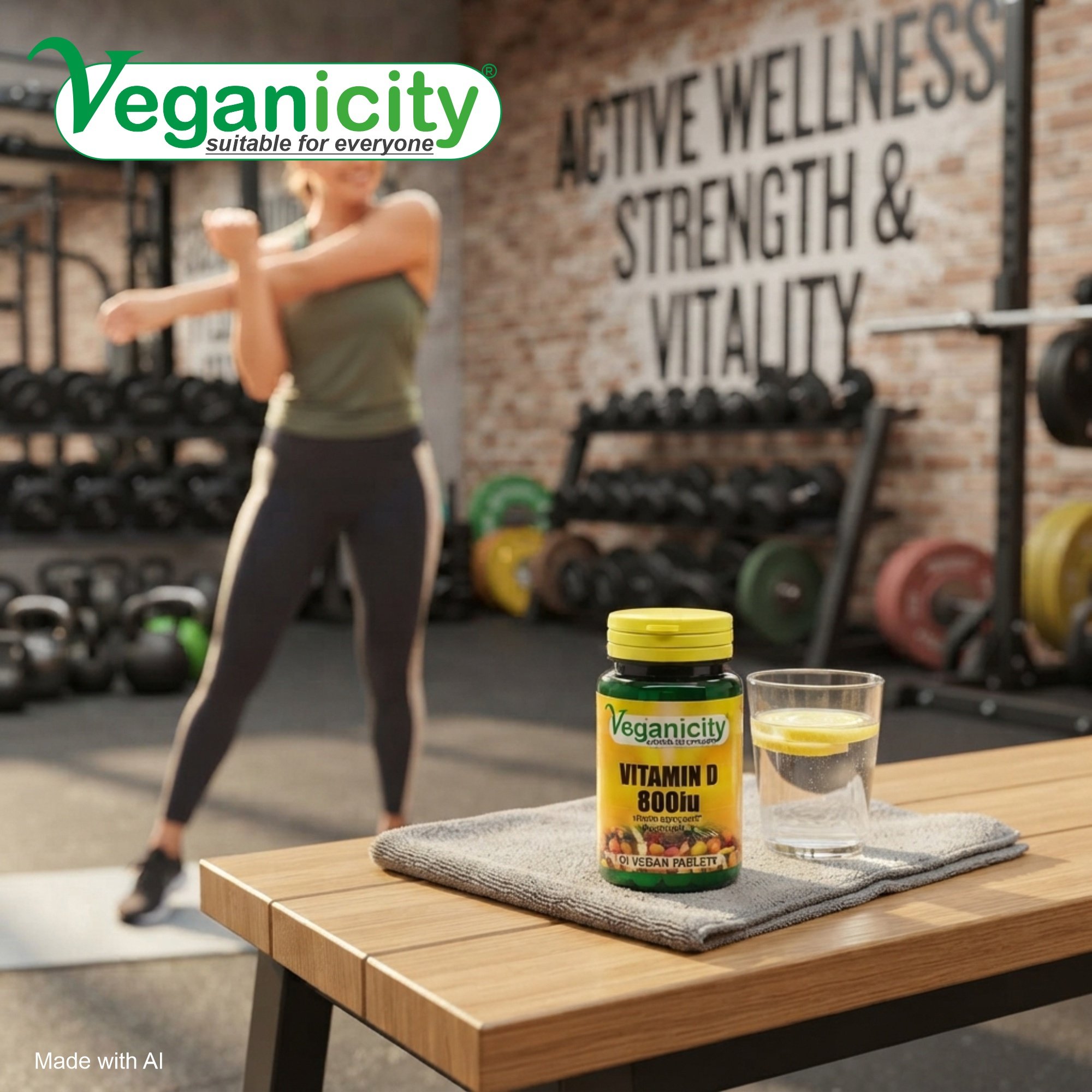 Veganicity vegan Vitamin D2 800iu (20µg) 90 tablets pot sitting on a workout bench in a gym with someone stretching in the background