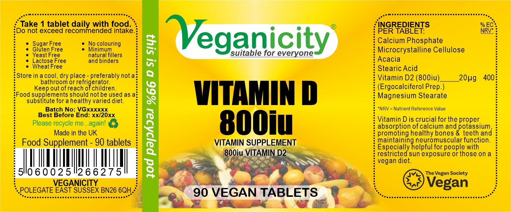 Veganicity vegan Vitamin D2 800iu (20µg) 90 tablets full product label Ingredients Directions Batch Number Best Before Barcode