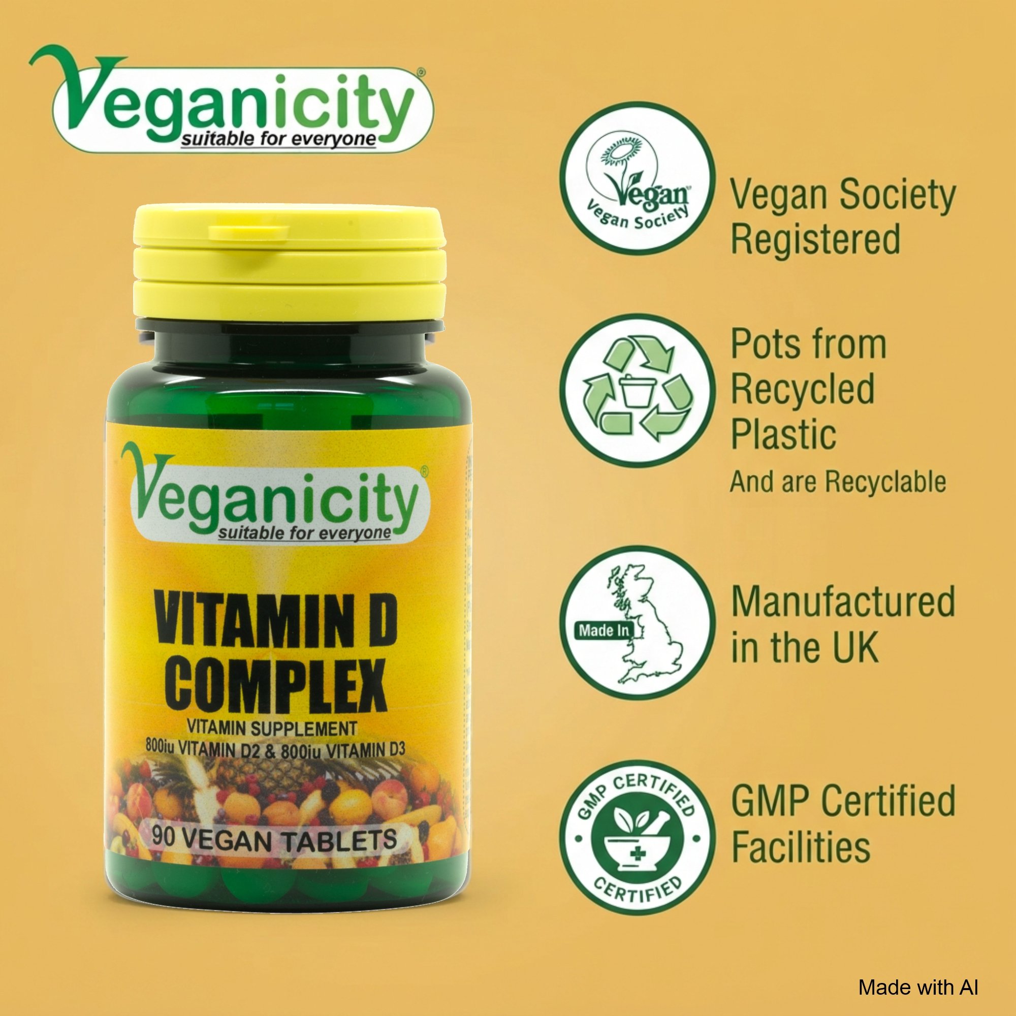 Veganicity Vegan Vitamin D 1600 Complex Vegan Society registered 99% recycled pot GMP manufactured in the UK