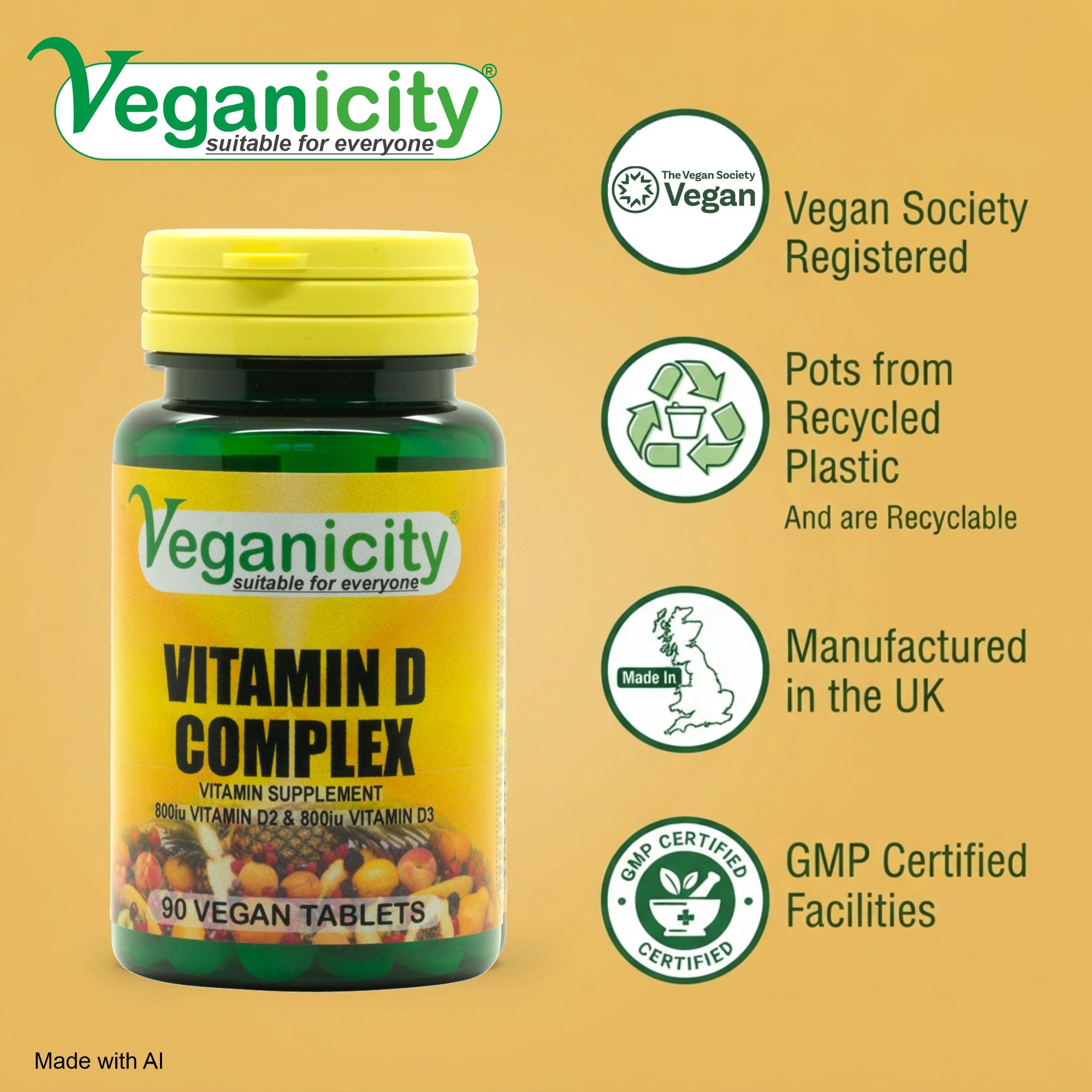 Veganicity Vegan Vitamin D 1600 Complex Vegan Society registered 99% recycled pot GMP manufactured in the UK