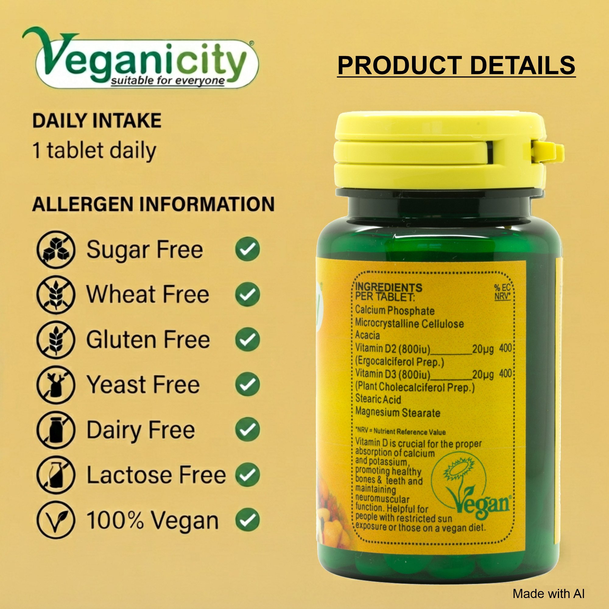 Vegan Vitamin D 1600 Complex Ingredients and Nutritional Label – UK manufactured – Free from Sugar Wheat Gluten Yeast Lactose & dairy