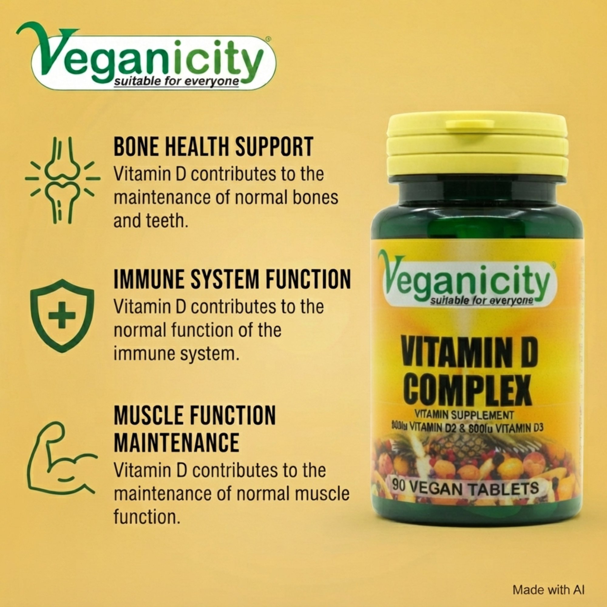 Veganicity Vegan Vitamin D 1600 Complex Bone health Joint Health Immune System Function Muscle function maintenance