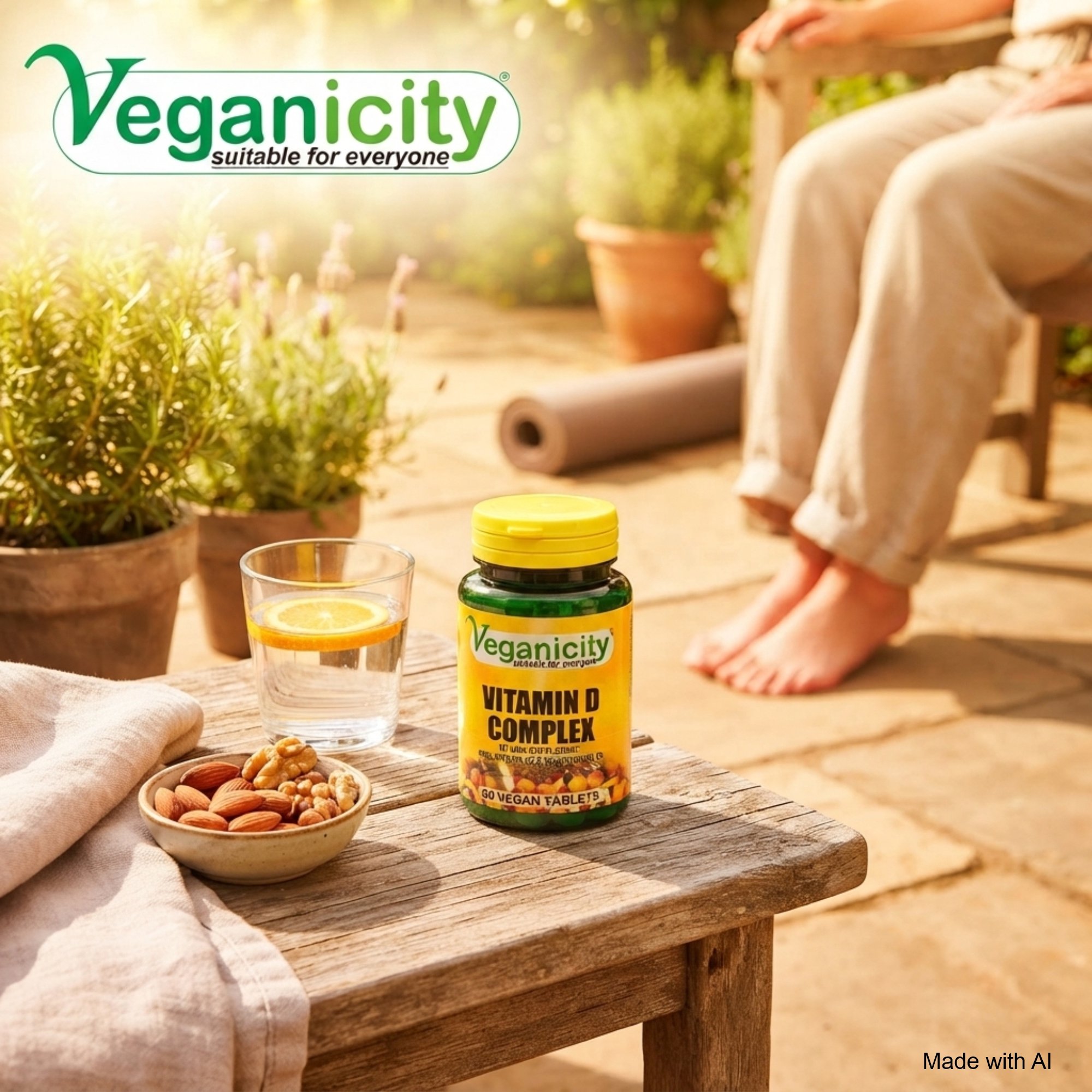 Veganicity Vegan Vitamin D 1600 Complex 90 Tablets pot sitting on an outdoor garden table